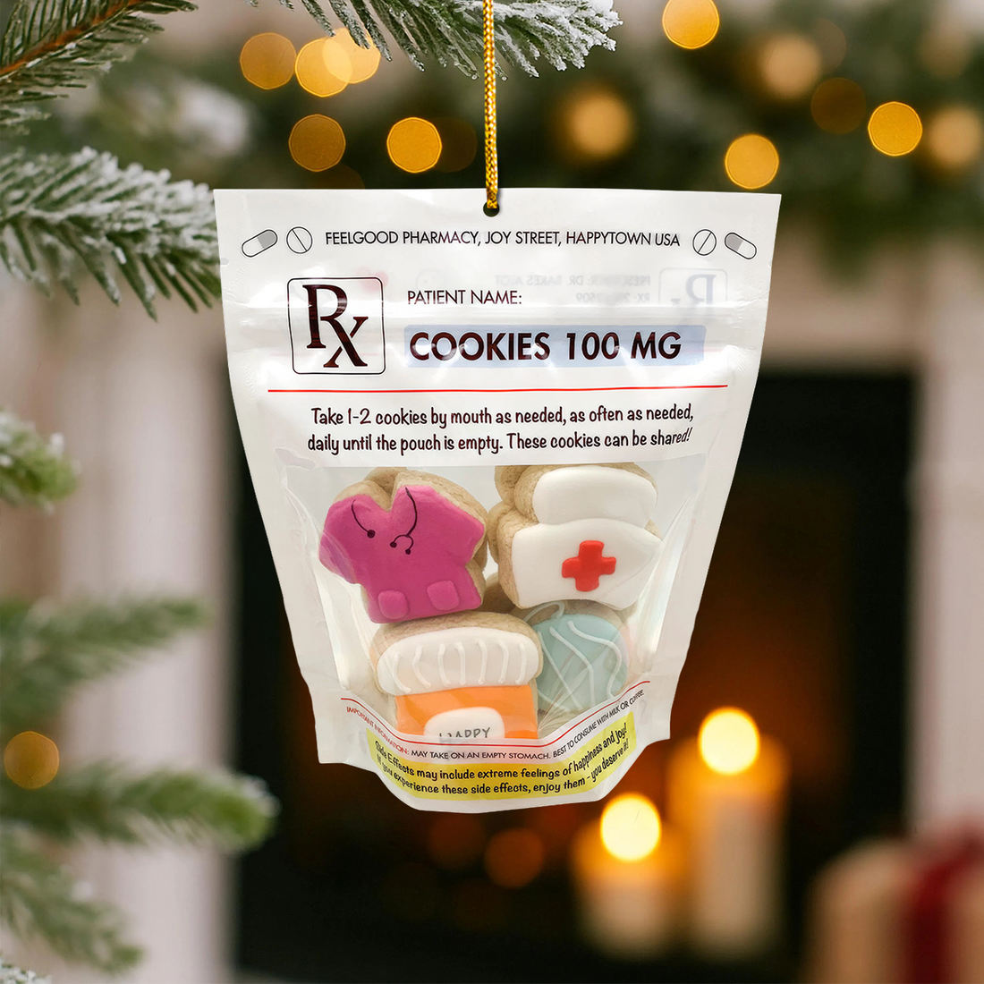 Funny Prescription Ornament, Cookies 100 MG Medical Christmas Decoration, Nurse Pharmacist RN LPN CNA Gift