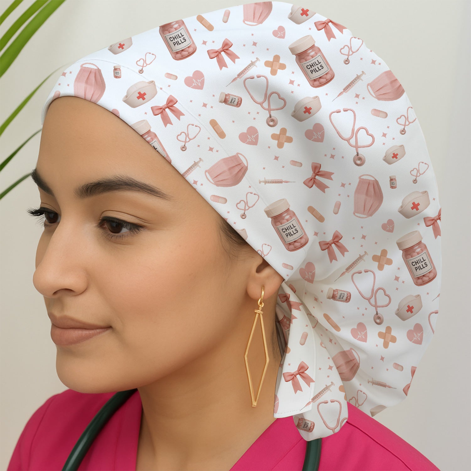 Personalized Cute Nurse Scrub Cap - Chill Pill & Medical Icons Pattern - Fun Gift for Women, RN, LPN, CNA