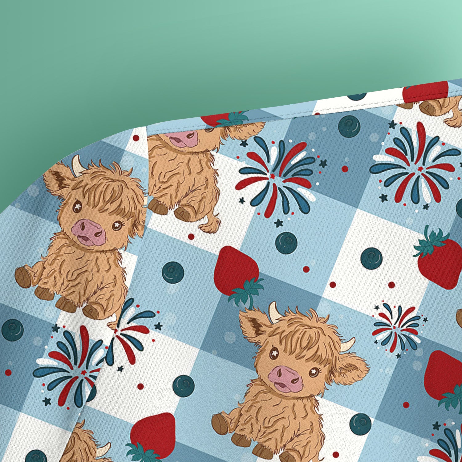 Highland Cow Strawberry Firework Gingham Pattern Scrub Top, Comfortable Scrubs for Nurses
