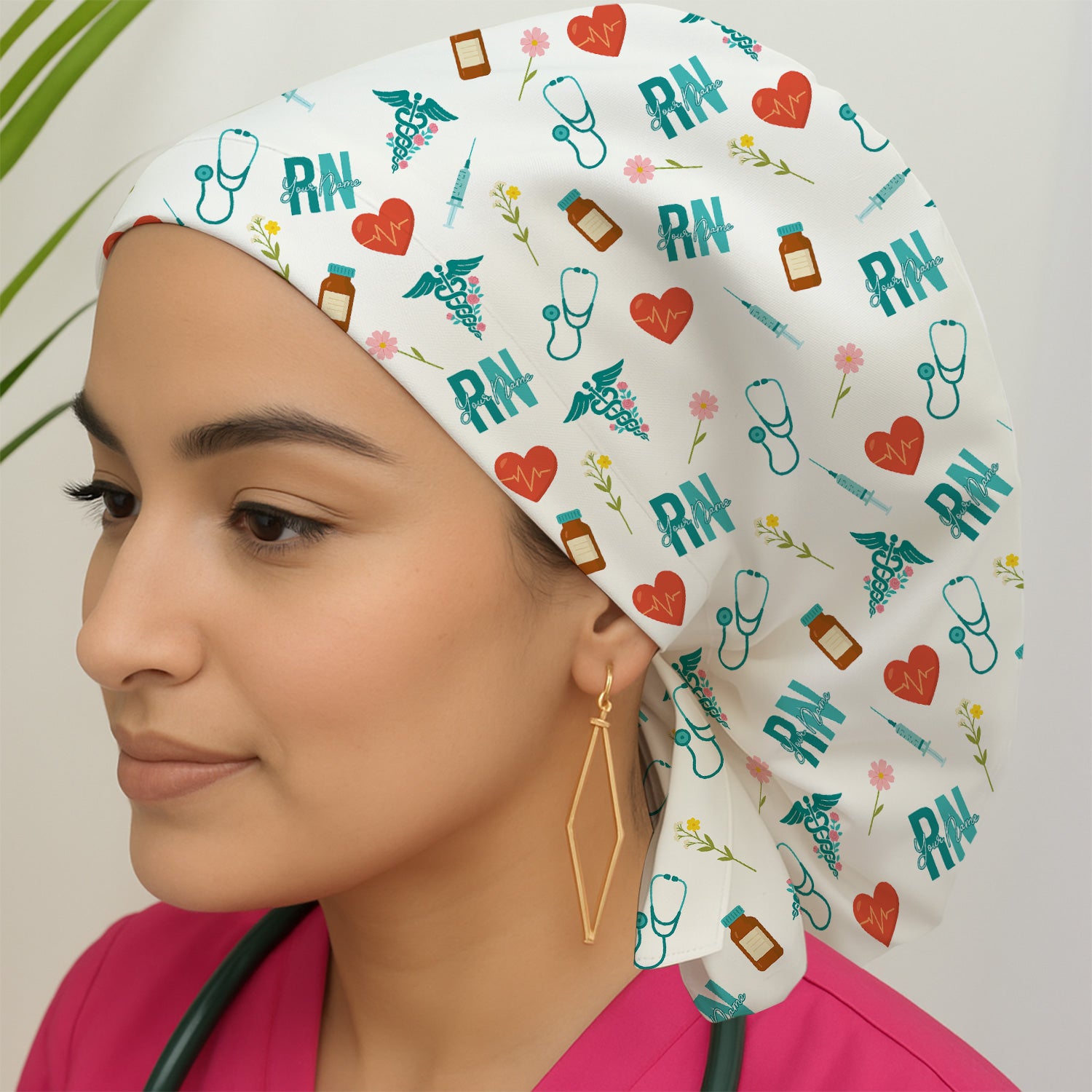 Personalized RN Scrub Cap - Cute Medical & Floral Design - Gift for CNA, LPN, Medical Worker