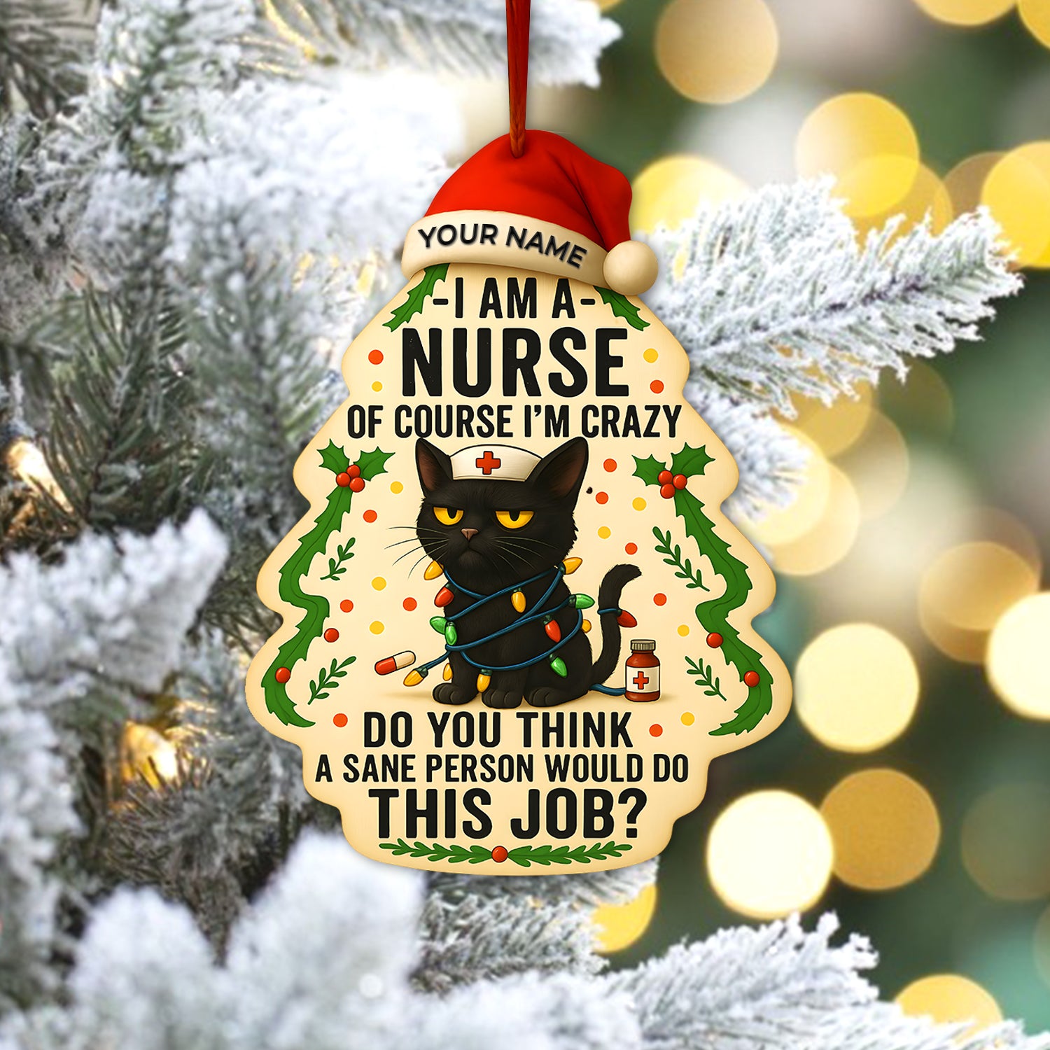 Personalized Nurse Black Cat Christmas Ornament, Holiday Decoration, Custom Name Nurse Gift for CNA RN LPN