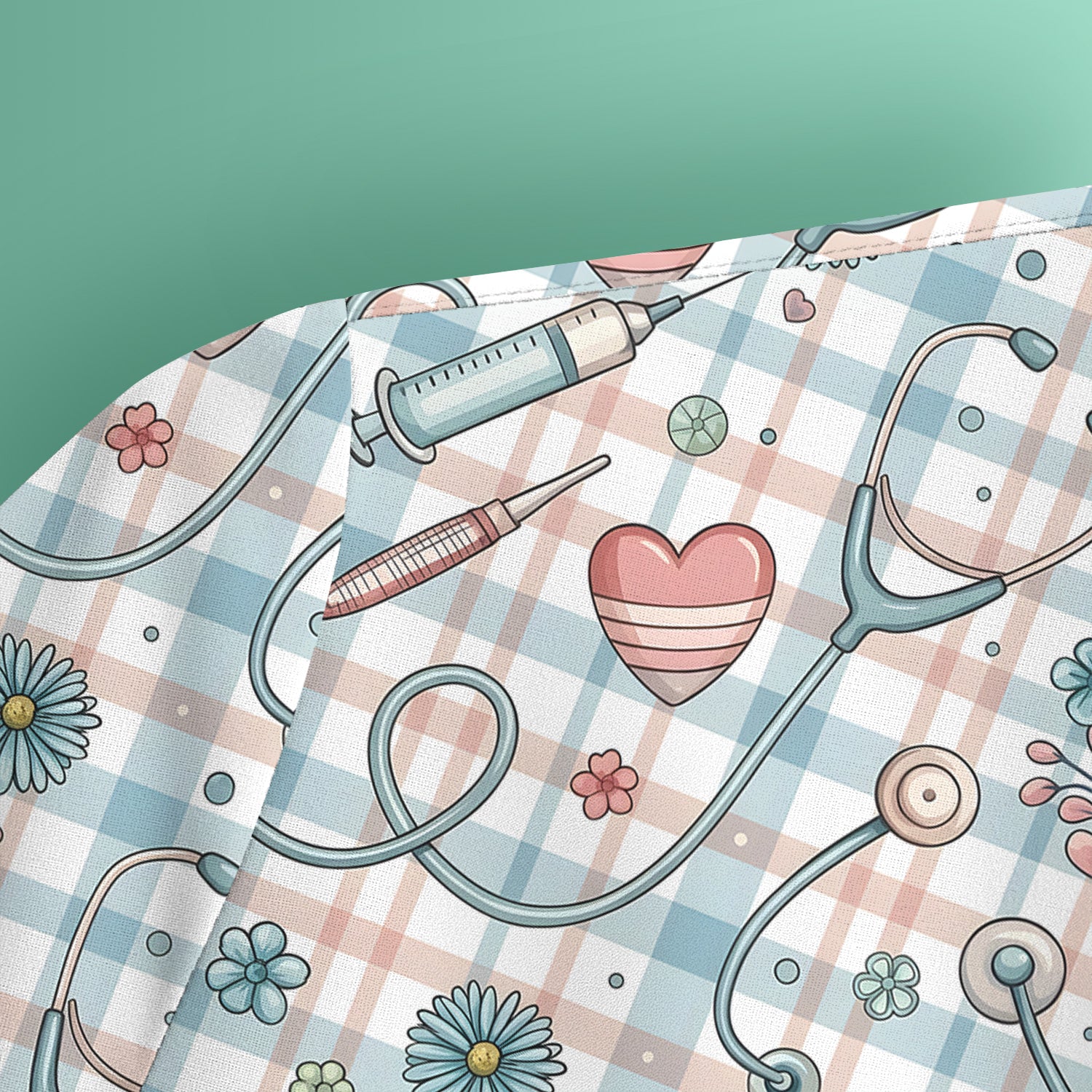 Stethoscope Heart Syringe Floral Plaid Pattern Scrub Top, Comfortable Scrubs for Nurses