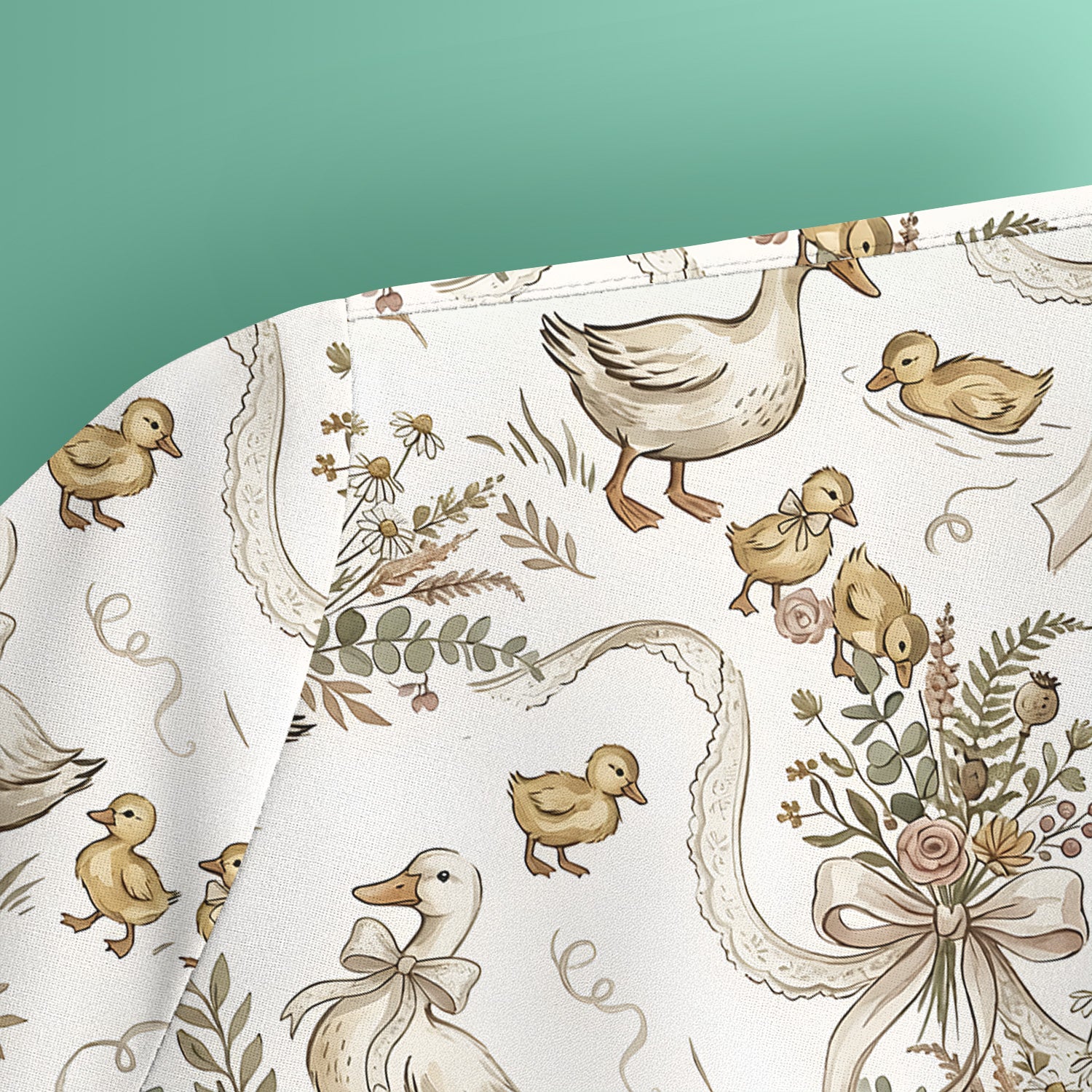 Vintage Duck Family Ribbon Floral Pattern Nurse Scrub Top, Breathable Fabrics Nursing Uniform