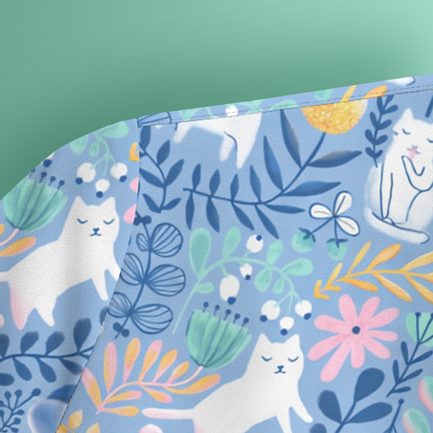 Whimsical Cat Floral Pattern Scrub Top, Breathable Fabrics Nursing Uniform