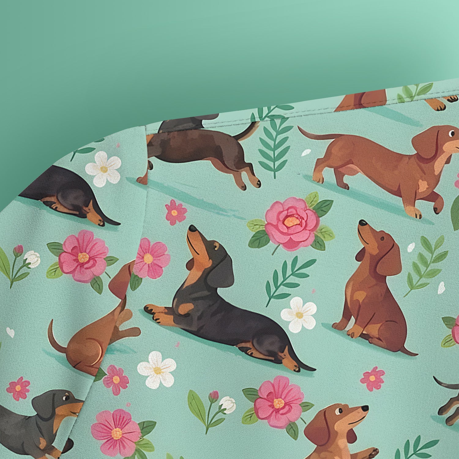 Cute Floral Dachshund Puppy Pattern Scrub Top, Comfortable Scrubs for Nurses
