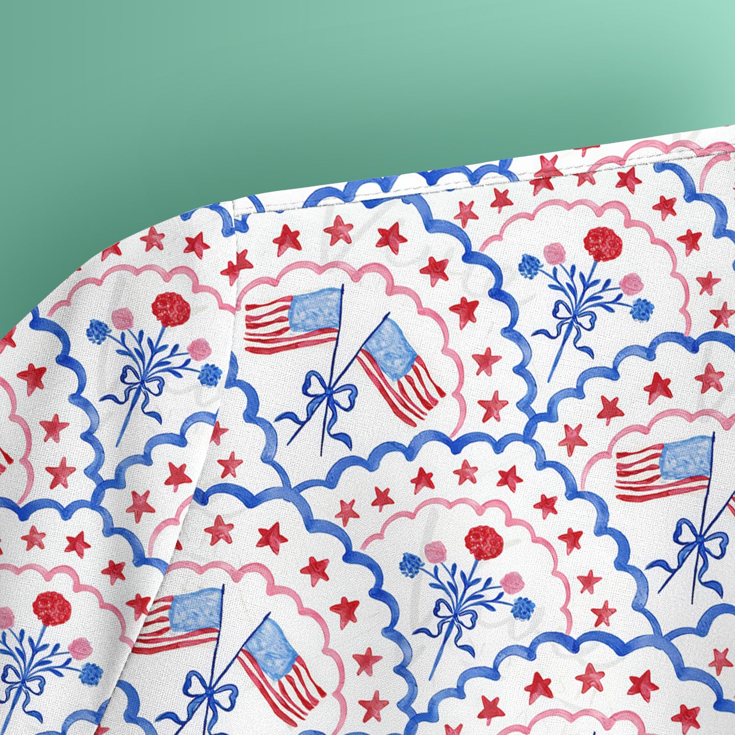 Patriotic Scallop Star Flag Floral Pattern Scrub Top, Comfortable Scrubs for Nurses