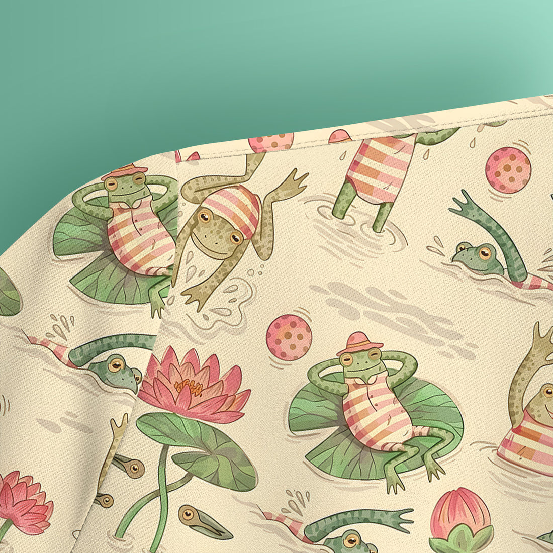 Cute Frogs Swimming Lily Pond Pattern Scrub Top, Comfortable Scrubs for Nurses