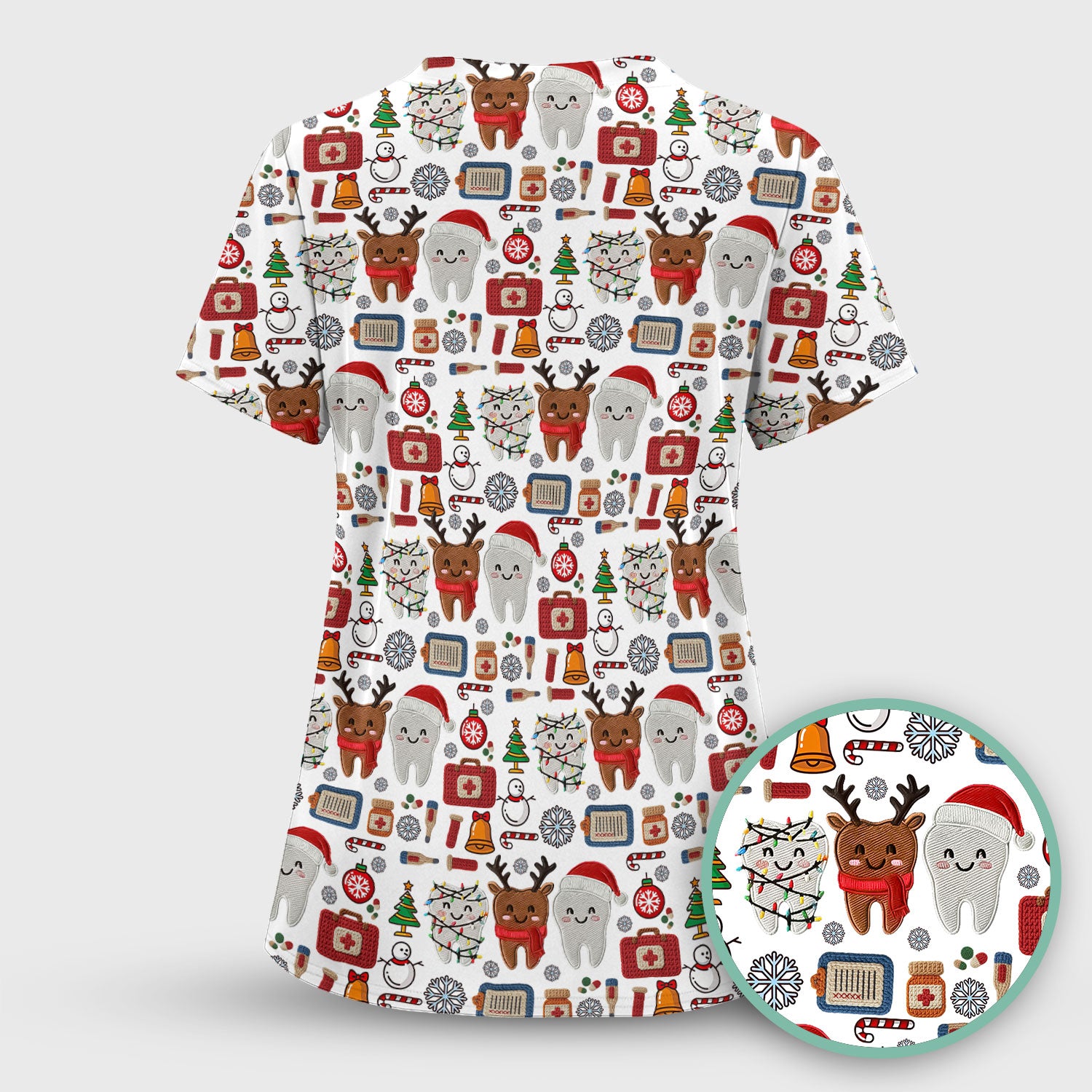Christmas Dental Scrub Top - Cute Santa & Reindeer Tooth Shirt - Funny Holiday Medical Uniform for Dentists, Hygienists & Nurses