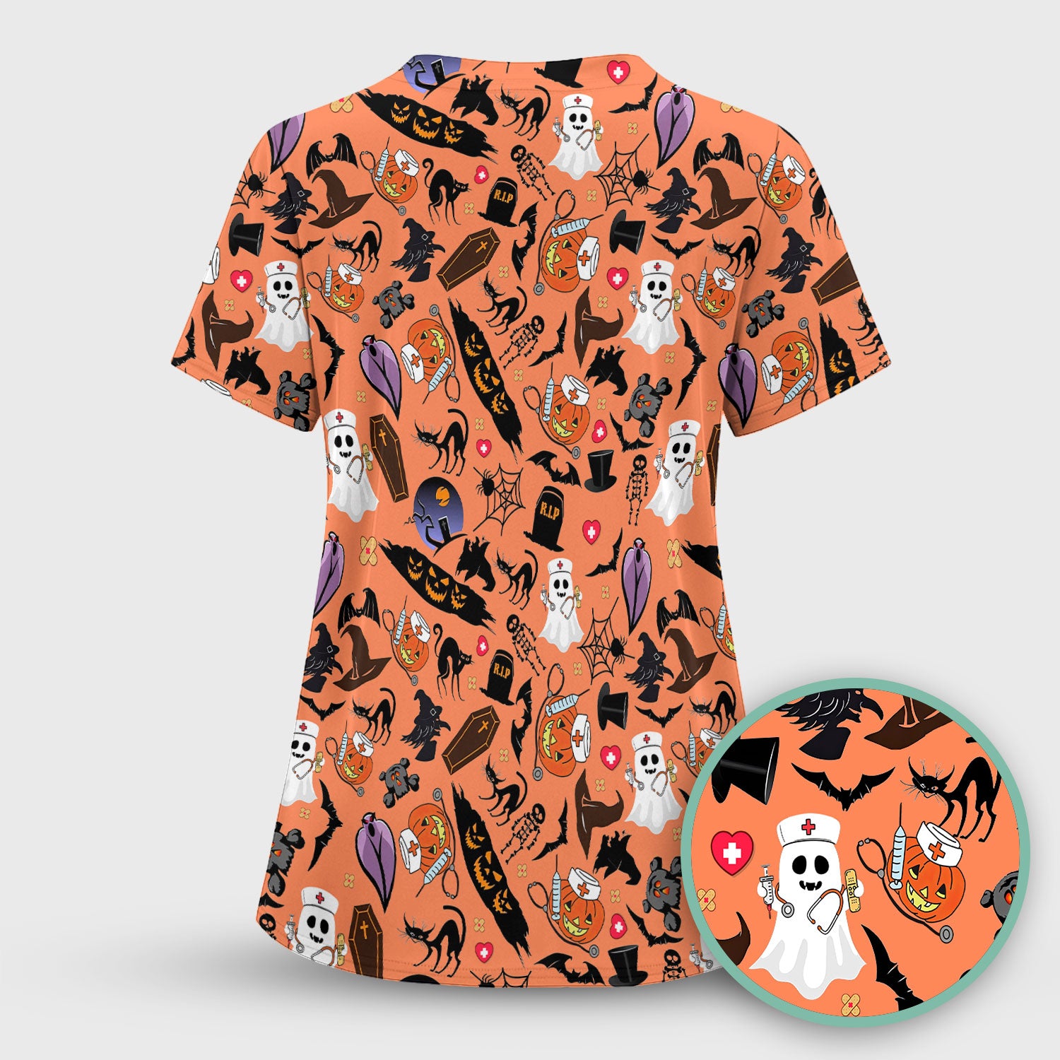 Spooky Halloween Scrub Top - Pumpkin Ghost Bat Nurse Shirt - Wicked Witch Medical Uniform for Women RN CNA LPN
