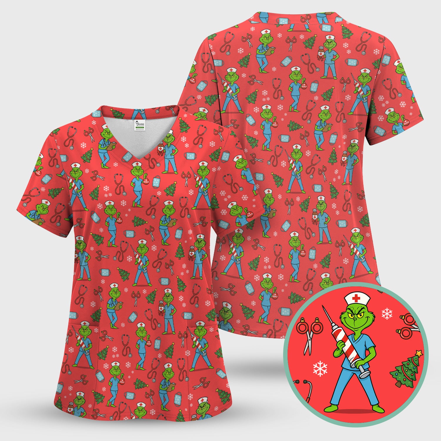 Christmas Grinch Nurse Scrub Top - Funny Holiday Medical Uniform for Women - RN LPN CNA Gift