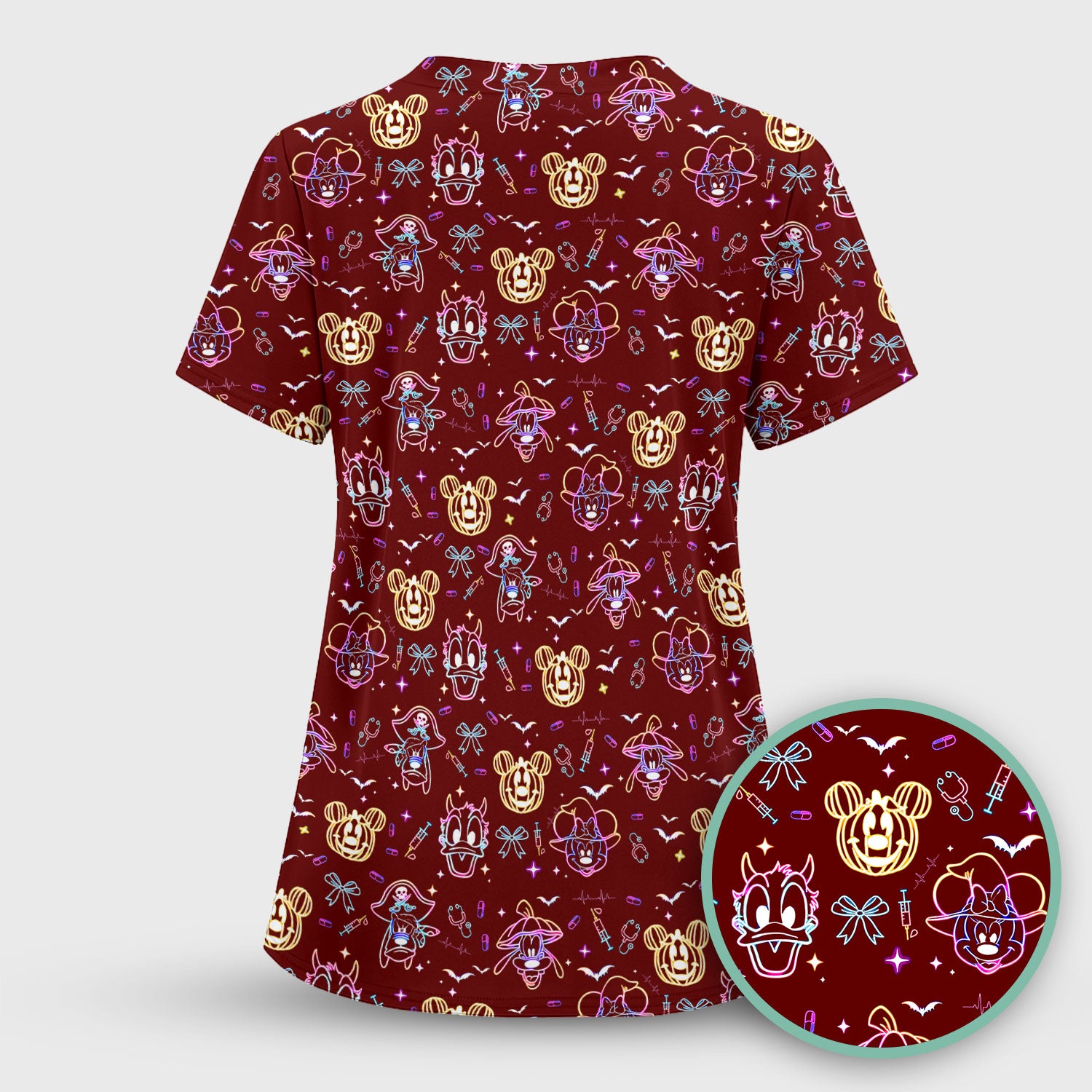 Neon Mouse Halloween Scrub Top for Nurses - Spooky Faces and Scary Pumpkin Shirt - Funny Med Uniform Gift for Women