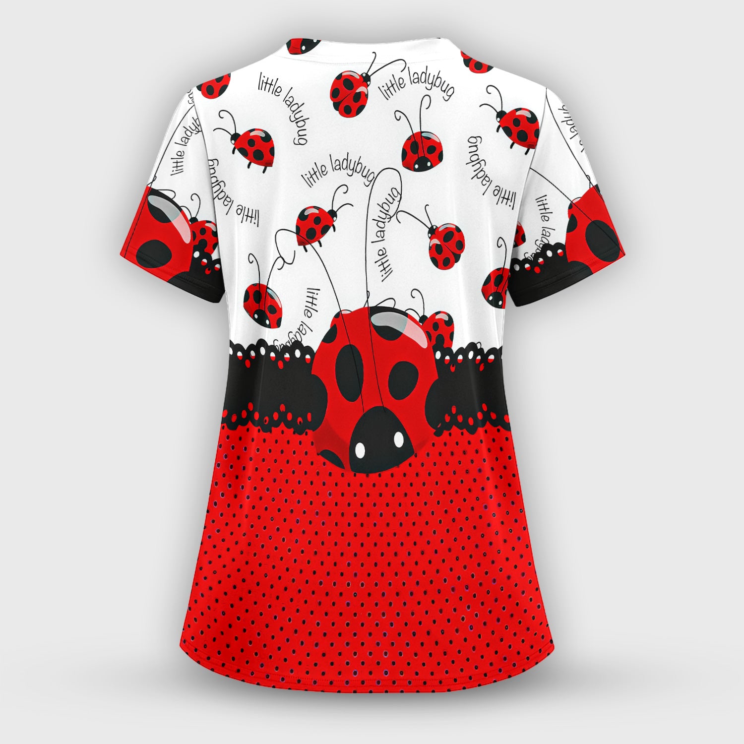 Cute Little Ladybug Polka Dot Pattern Scrub Top, Breathable Fabrics Nursing Uniform