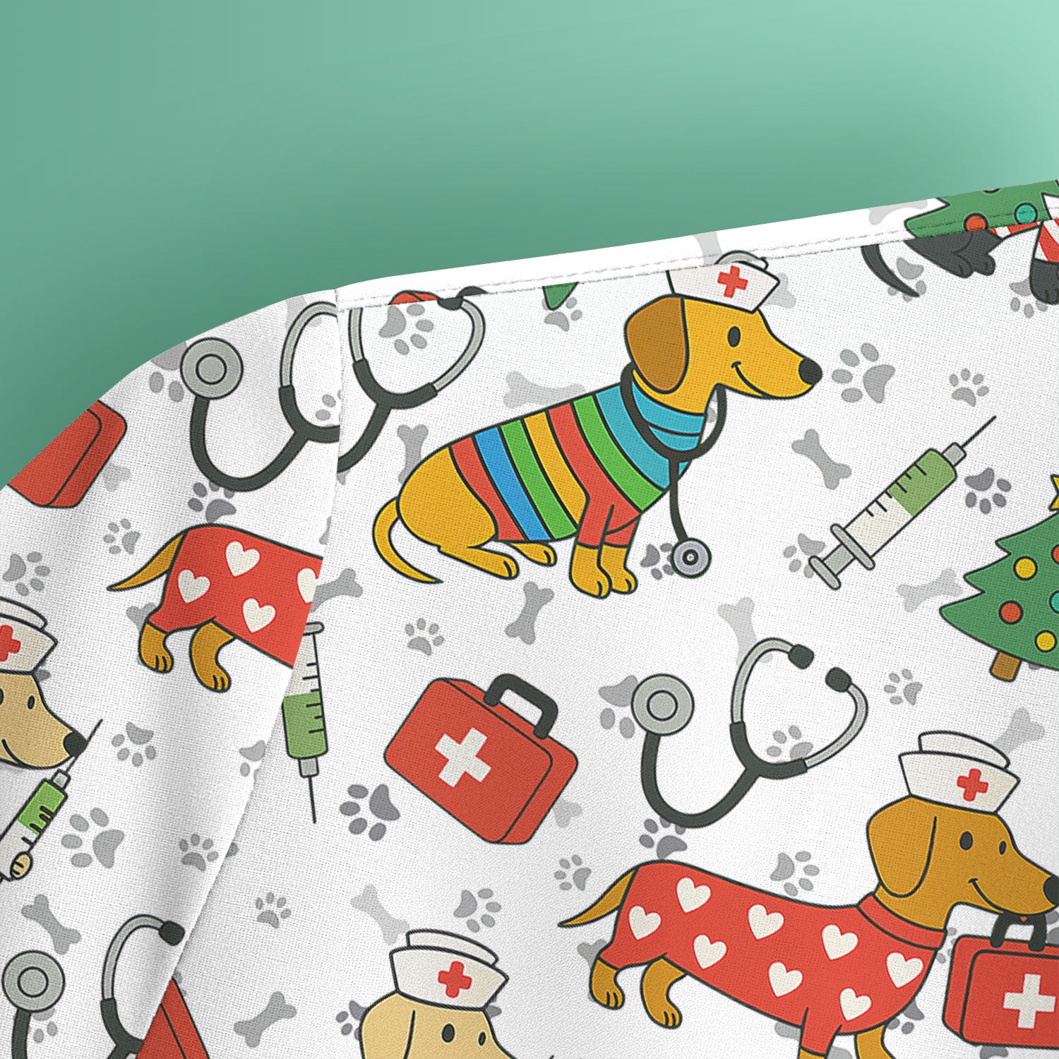 Funny Dachshund Scrub Shirt - Christmas Dog Print Scrubs Multi Color - Holiday Nurse Scrub Top Gift for Women, Men, CNA, RN, Medical Staff