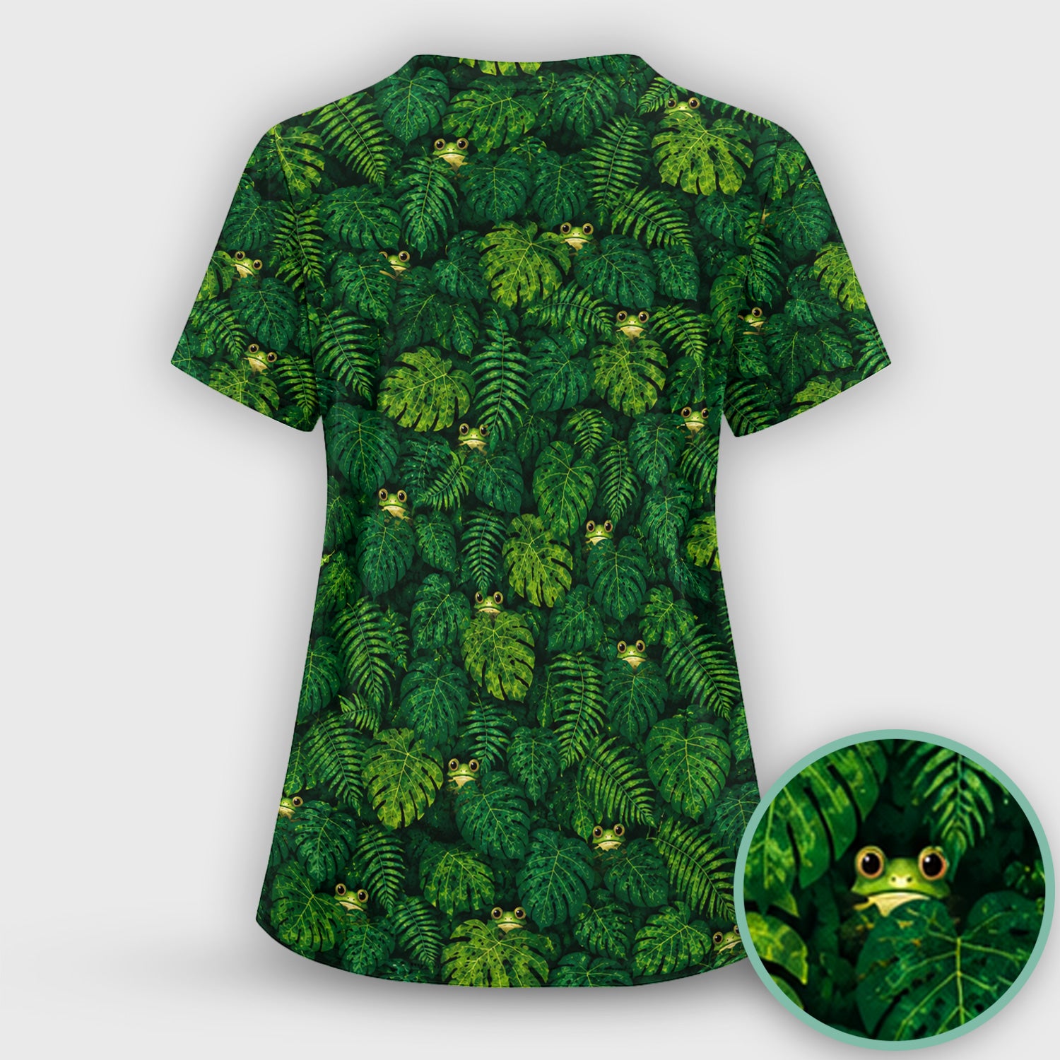 Cute Hidden Frog Jungle Pattern Scrub Top, Comfortable Scrubs for Nurses