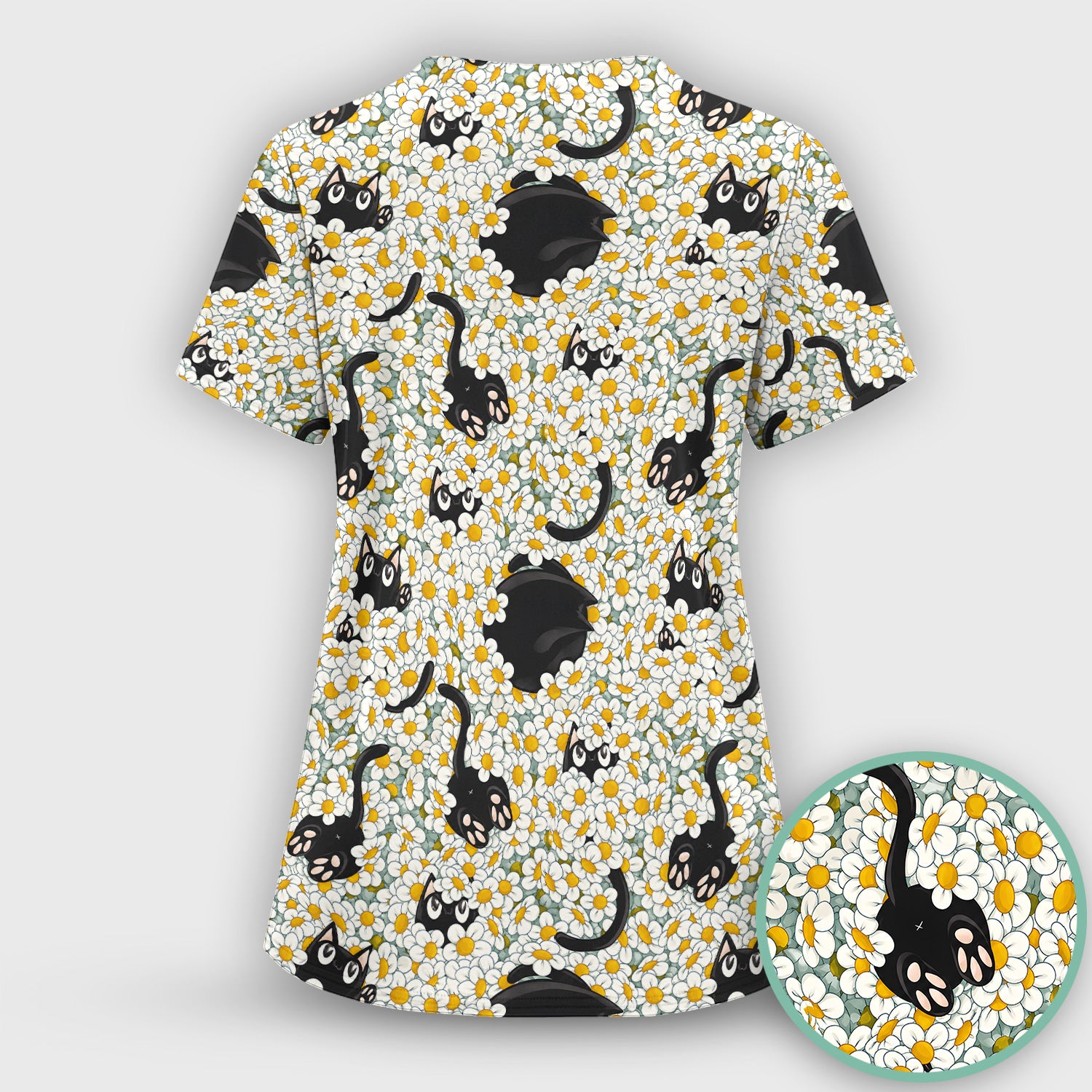 Daisy Black Cat Nurse Scrub Top for RN, CNA, Veterinary Staff, Cat Lover Uniform