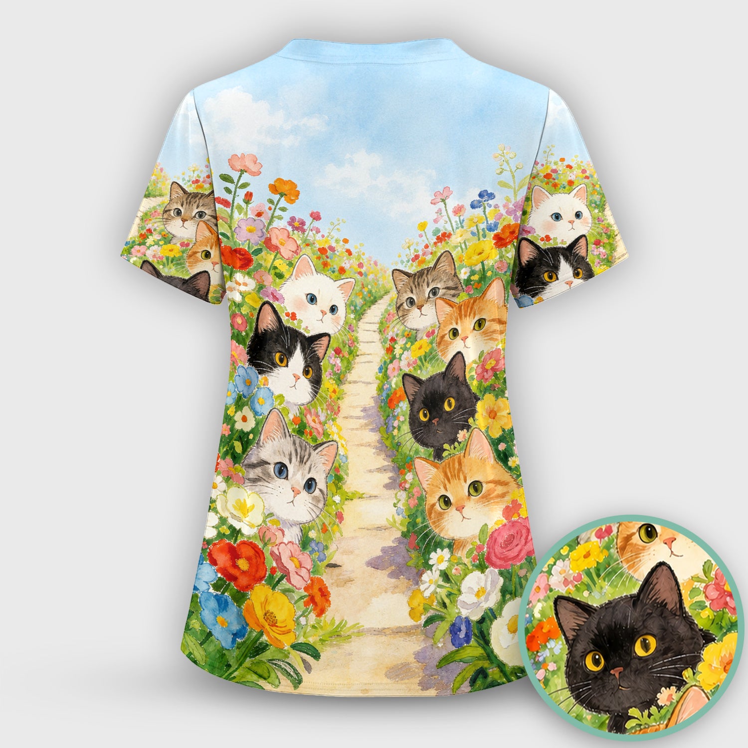 Cute Garden Cats Flower Path Pattern Scrub Top, Comfortable Scrubs for Nurses