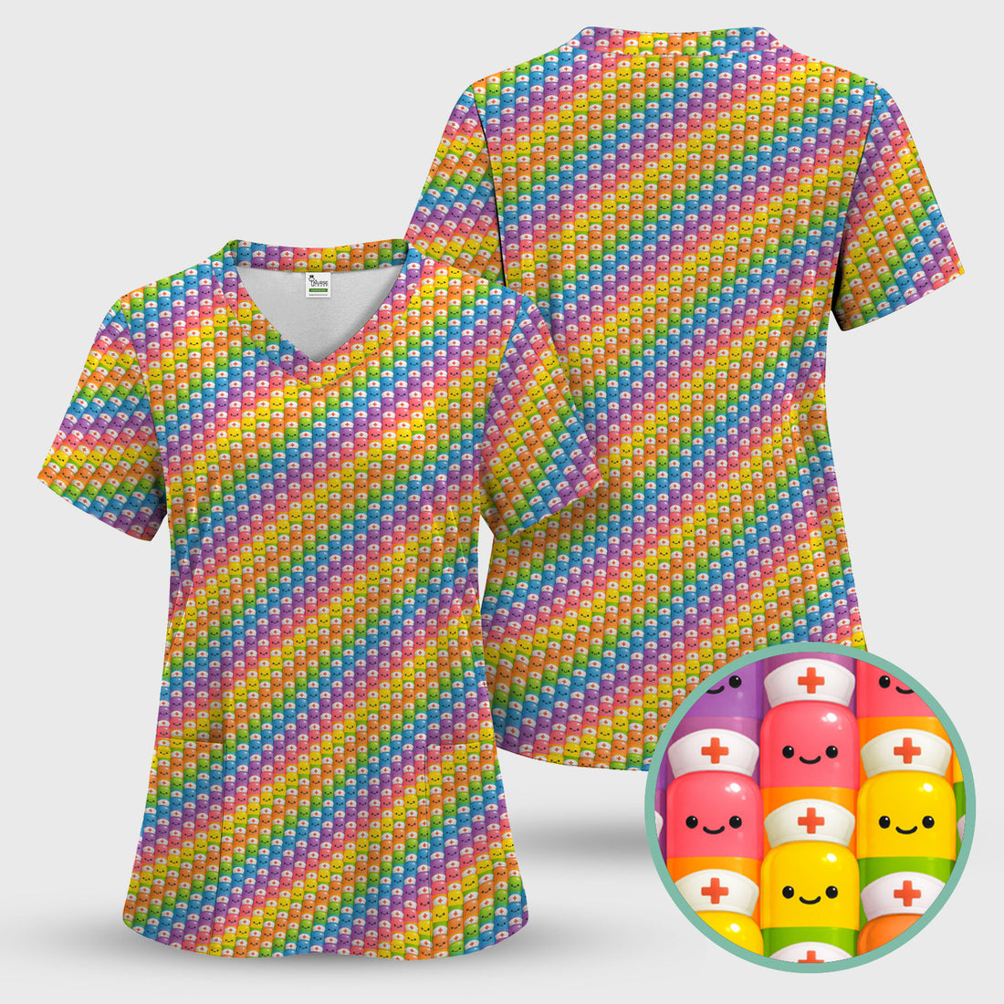 Funny Rainbow Nurse Scrub - Pill Cartoon with Syringe Graphic Tee - Gift for RN CNA LPN or Nursing Student