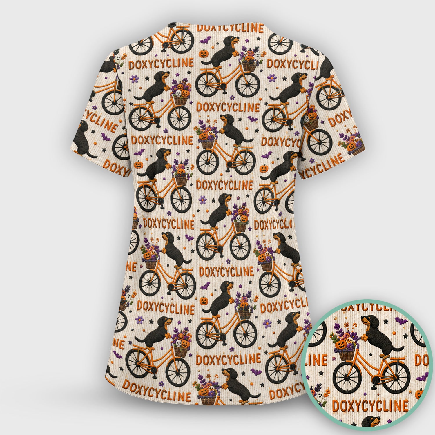Halloween Dachshund with Doxycycline Bike Print Scrub Top, Comfortable Scrubs for Nurses