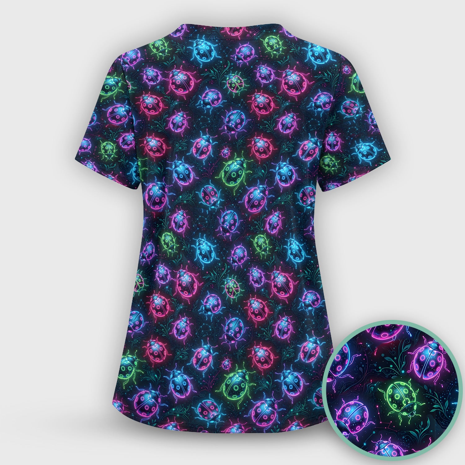 Colorful Neon Ladybug Pattern Scrub Top, Comfortable Scrubs for Nurses