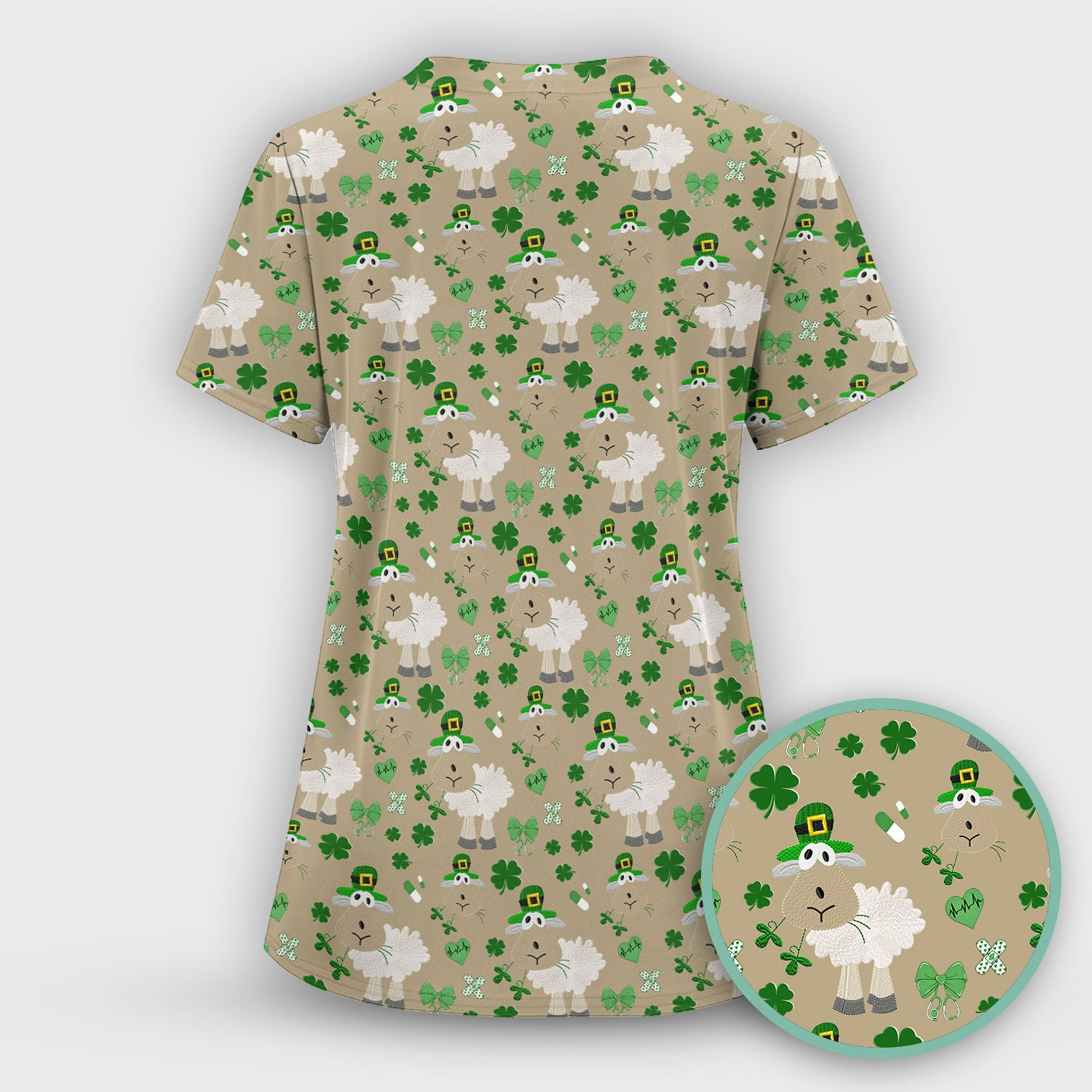 Nurse St. Patrick Scrubs Top, Cute Sheep Shamrock Pattern Nurse Shirt, Breathable Fabrics Nursing Uniform