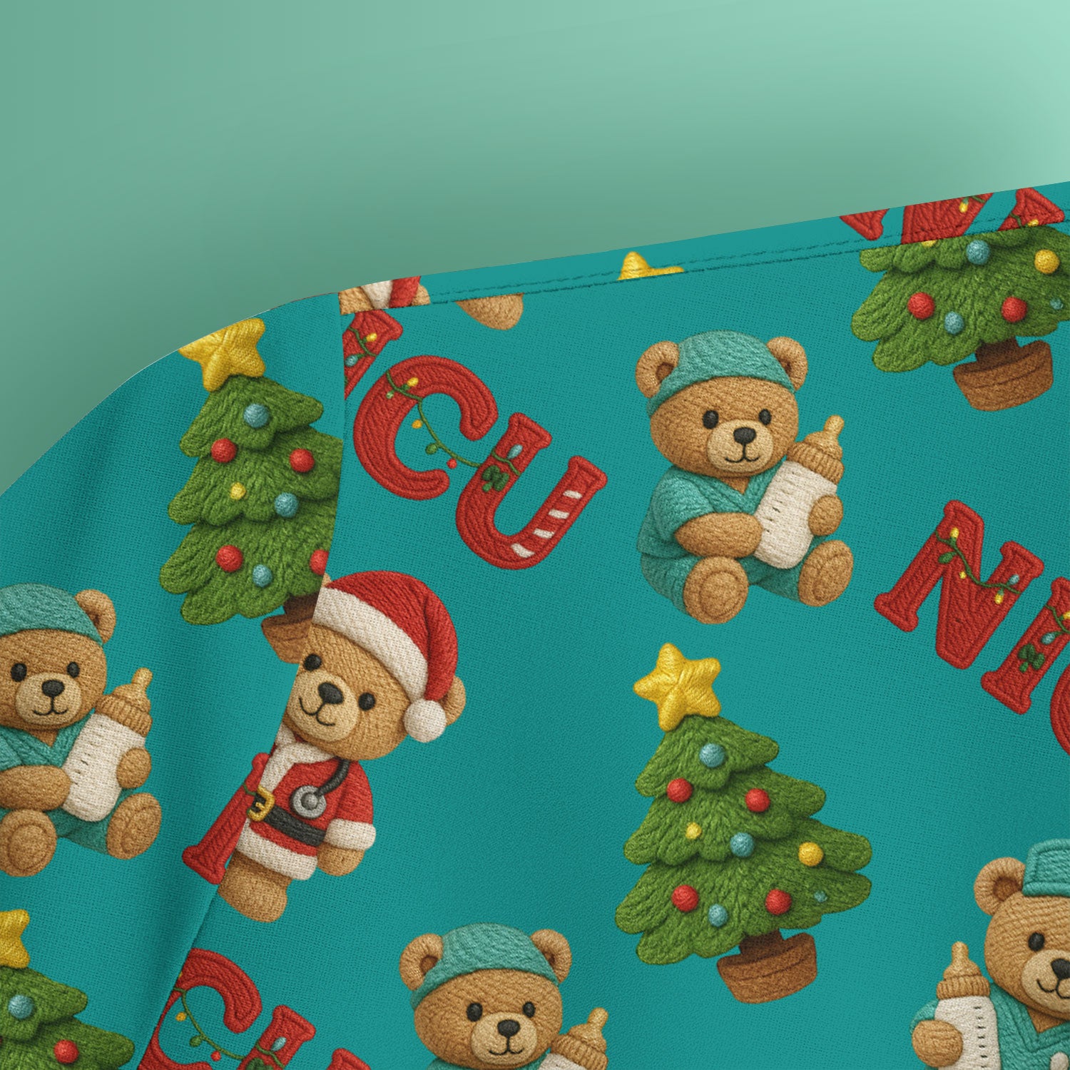 Festive Christmas NICU Nurse Teddy Bear Pattern, Breathable Fabrics Nursing Uniform