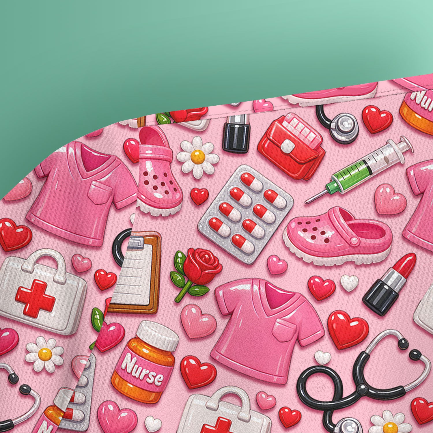 Medical Icons Scrub Top, Cute Pattern Nurse Shirt, Breathable Fabrics Nursing Uniform