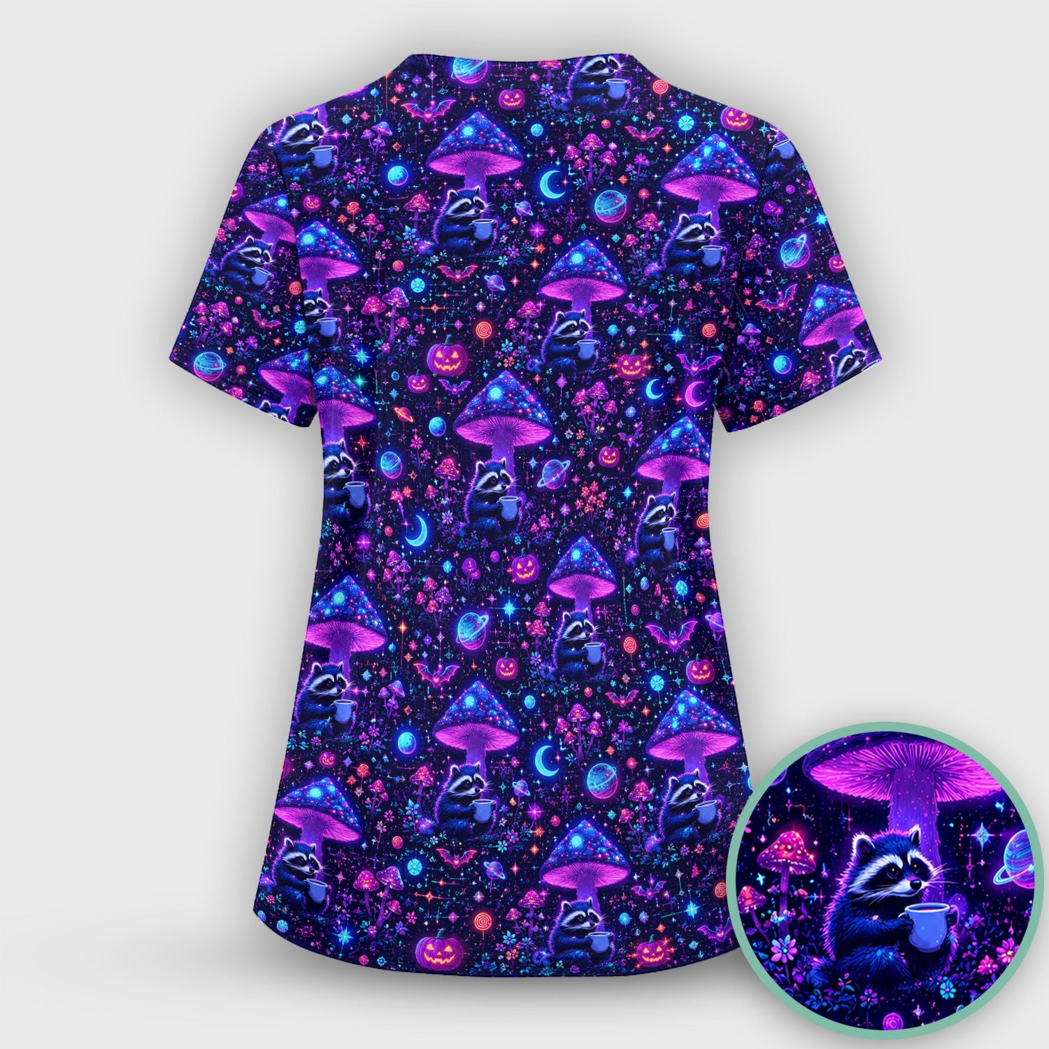 Halloween Raccoon And Mushrooms Scrub Top, Comfortable Scrubs for Nurses