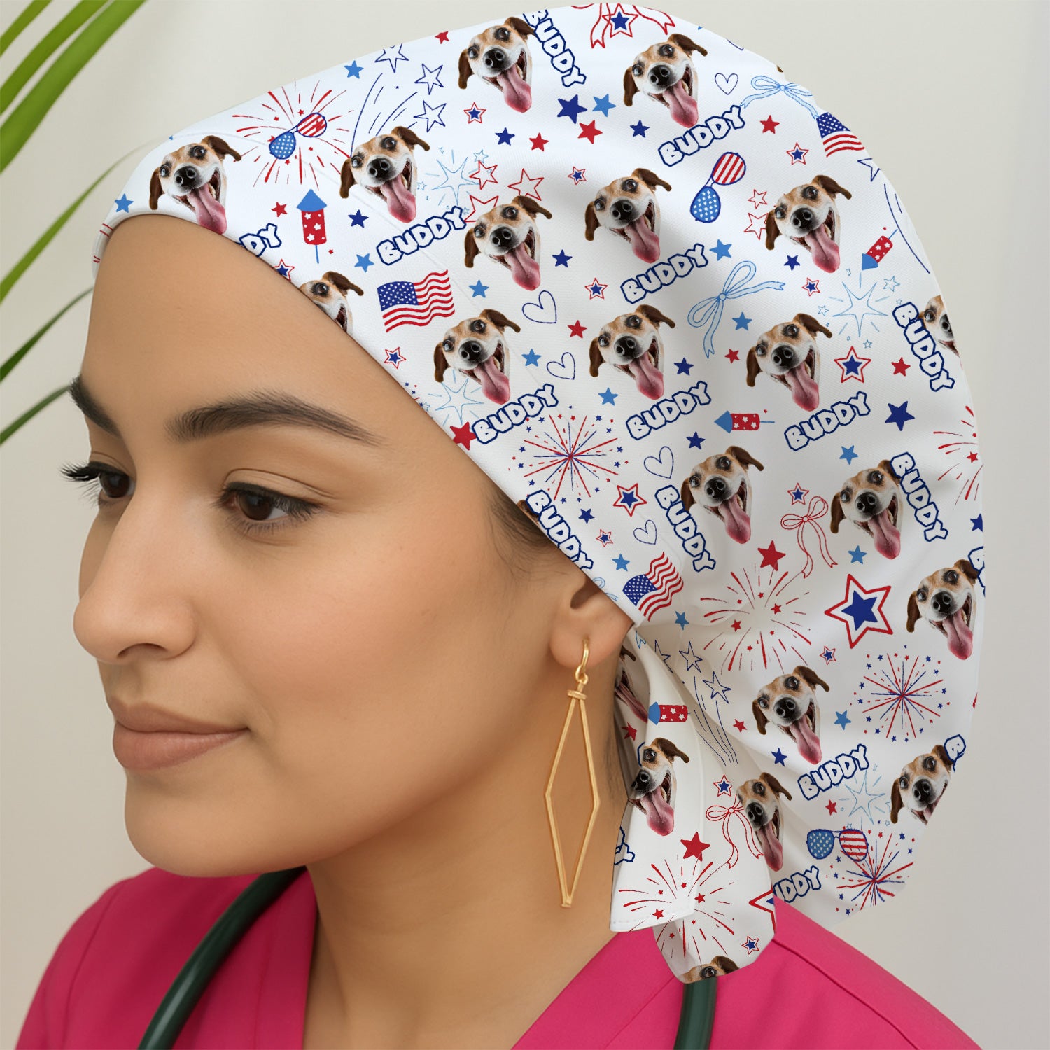 Personalized Patriotic Dog Face Name Pattern Scrub Cap, Surgical Caps for Doctors