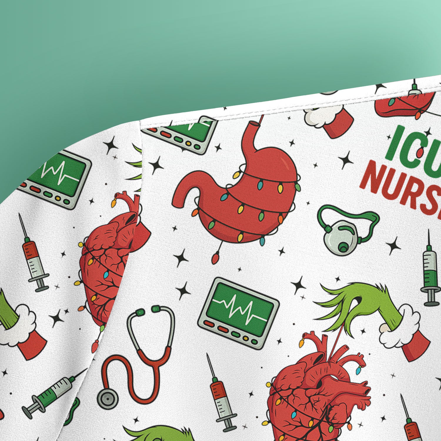 Christmas ICU Nurse Scrub Top - Funny Heart Anatomy Pattern - Holiday Nursing Shirt Gift for RN LPN CNA