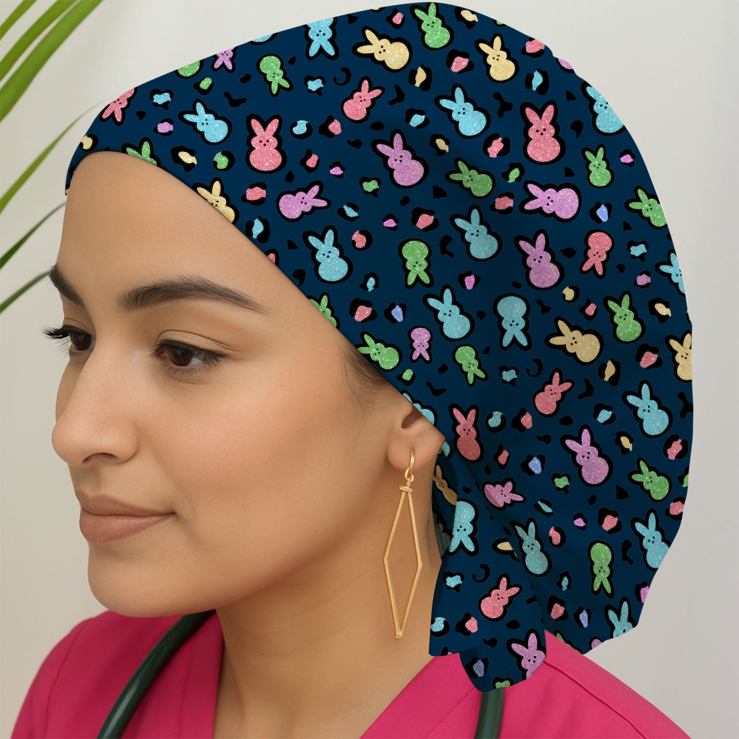 Cute Easter Bunny Pastel Pattern Print Cap, Bouffant Scrub Caps for Women