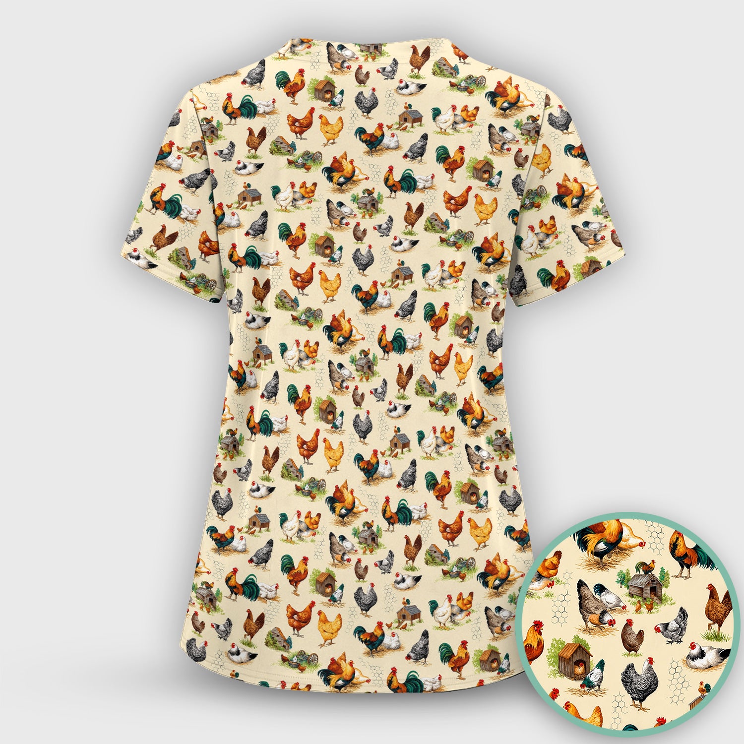 Farm Chicken Rooster Coop Pattern Scrub Top, Comfortable Scrubs for Nurses
