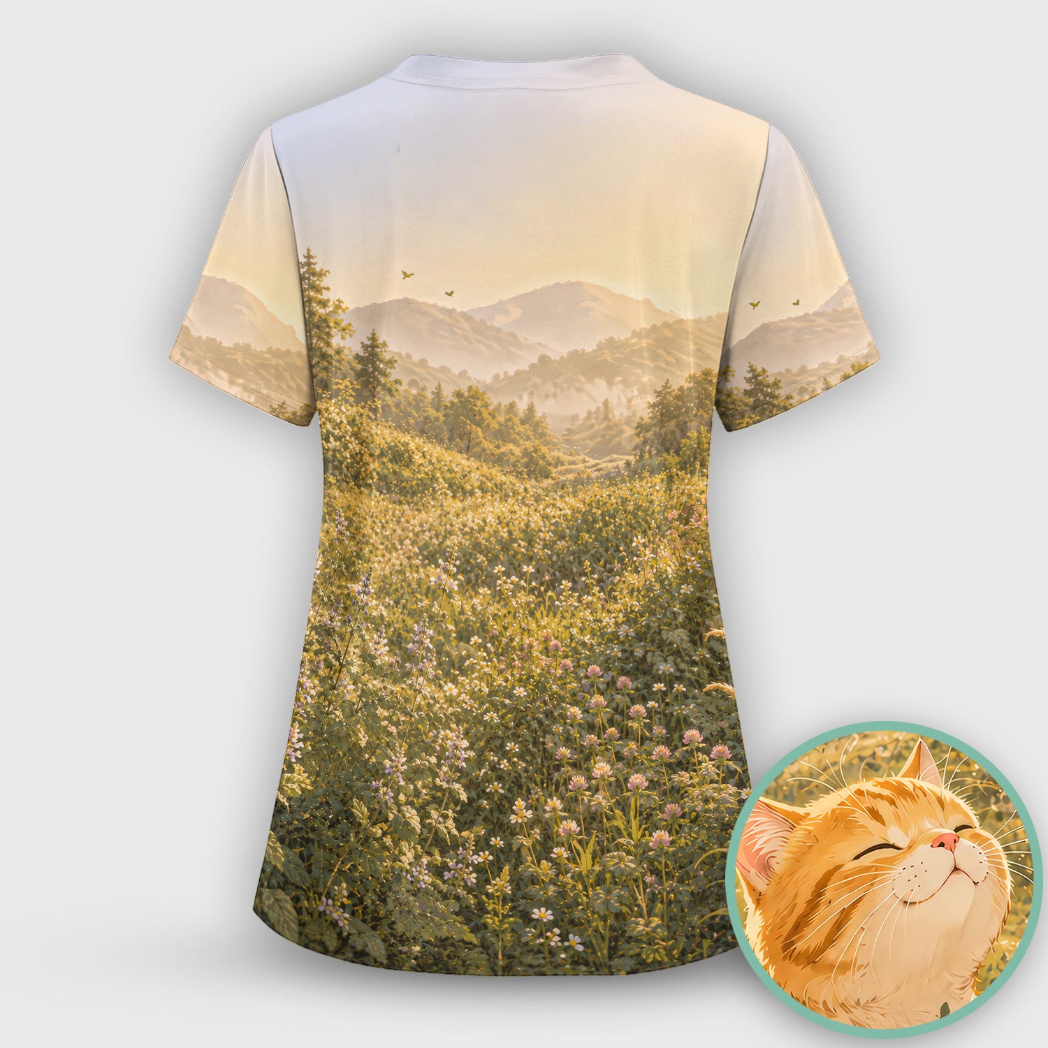 Sunny Mountain Cat Nurse, Nature Lover Medical Scrub Top, Comfortable Scrubs for Nurses