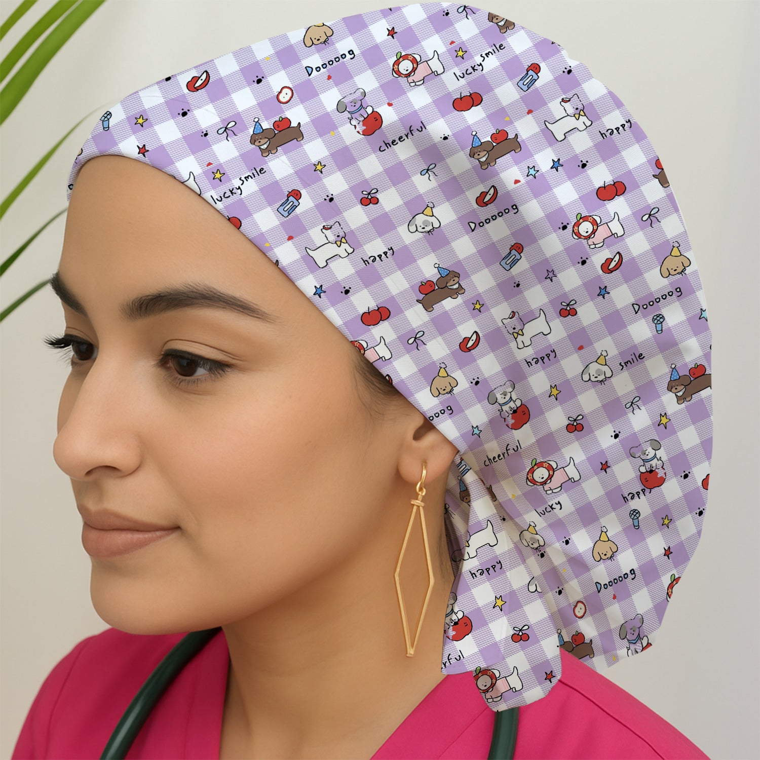 Cute Nurse Cartoon Puppy Apple Gingham Scrub Cap, Surgical Caps for Doctors