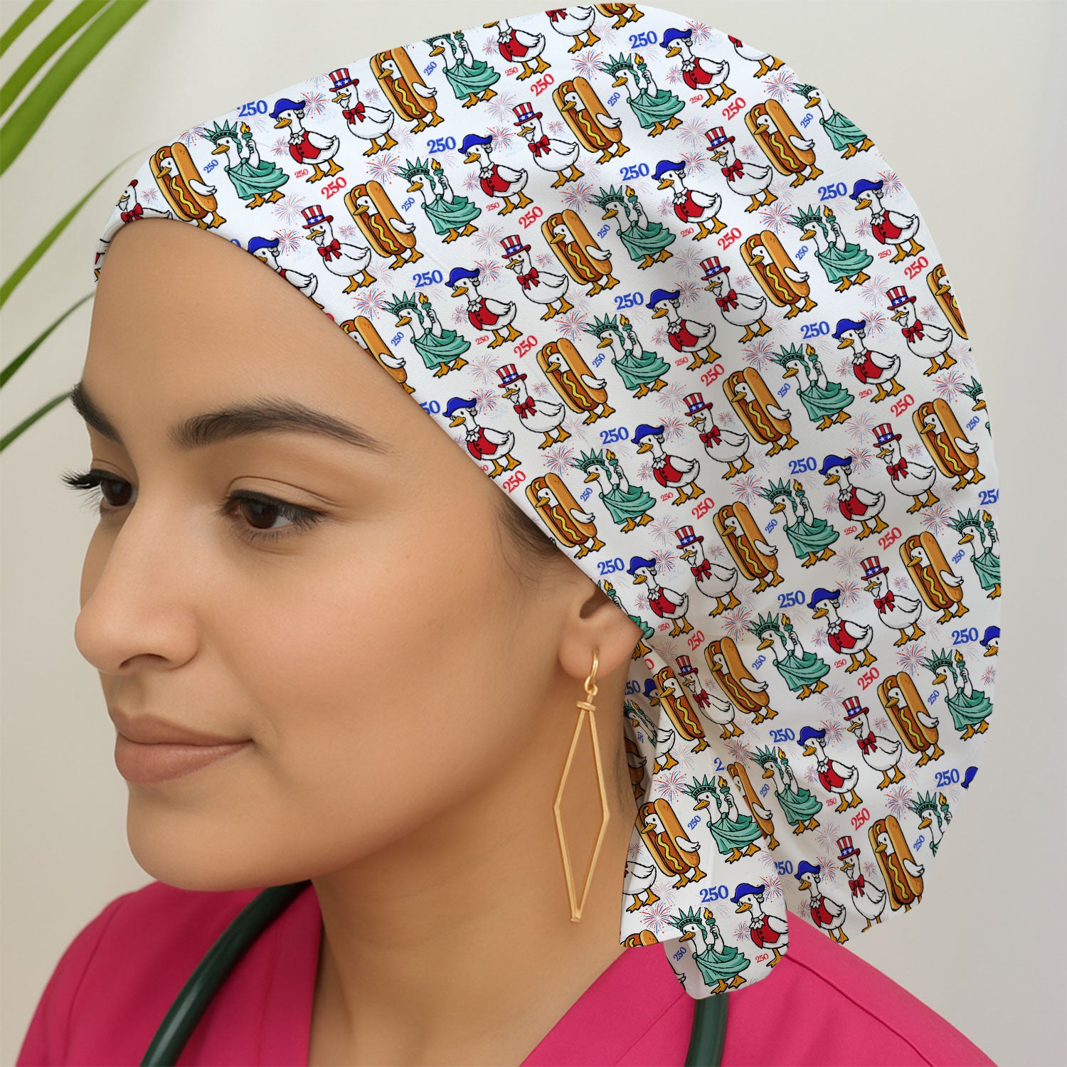 Patriotic Duck Independence Day Pattern Print Cap, Bouffant Scrub Caps for Women