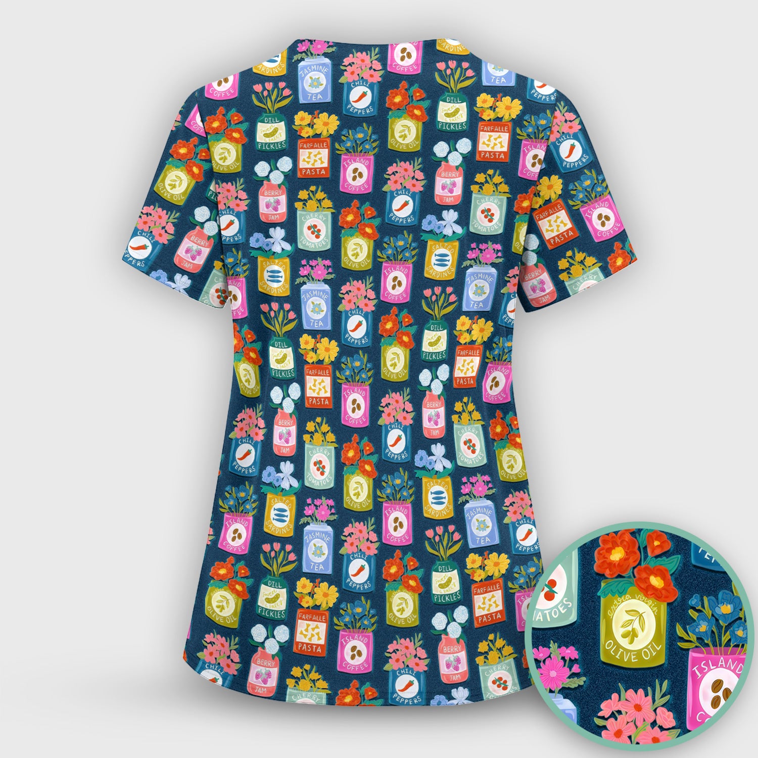 Colorful Pantry Jars Flowers Pattern Scrubs Sets, Scrub Pants and V Neck Top