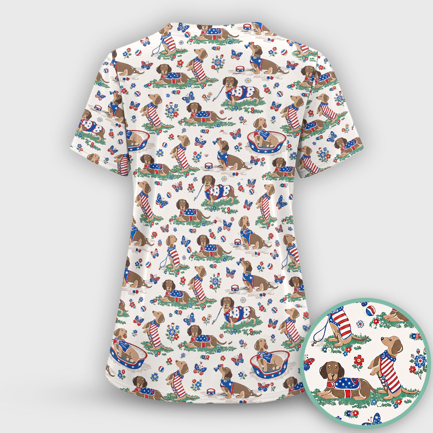 Patriotic Dachshund Garden Party Pattern Scrub Top, Comfortable Scrubs for Nurses