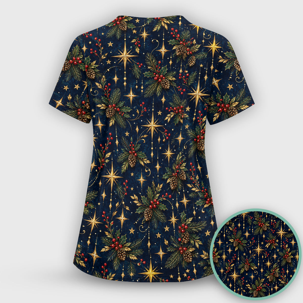 Elegant Christmas Gold Stars and Pinecones Pattern Scrub Top, Comfortable Scrubs for Nurses