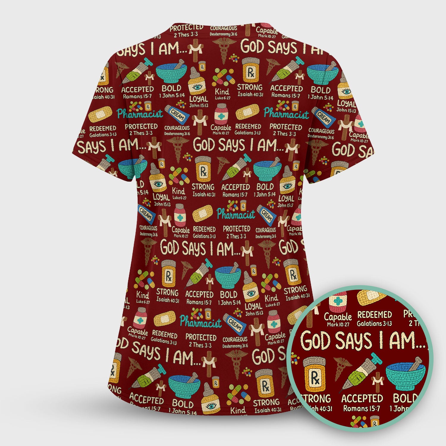 God Says I Am Pharmacist Scrub Top - Christian Pharmacy Scrubs for Women - Faith Inspired Medical Uniform - Bible Verse Nurse Shirt