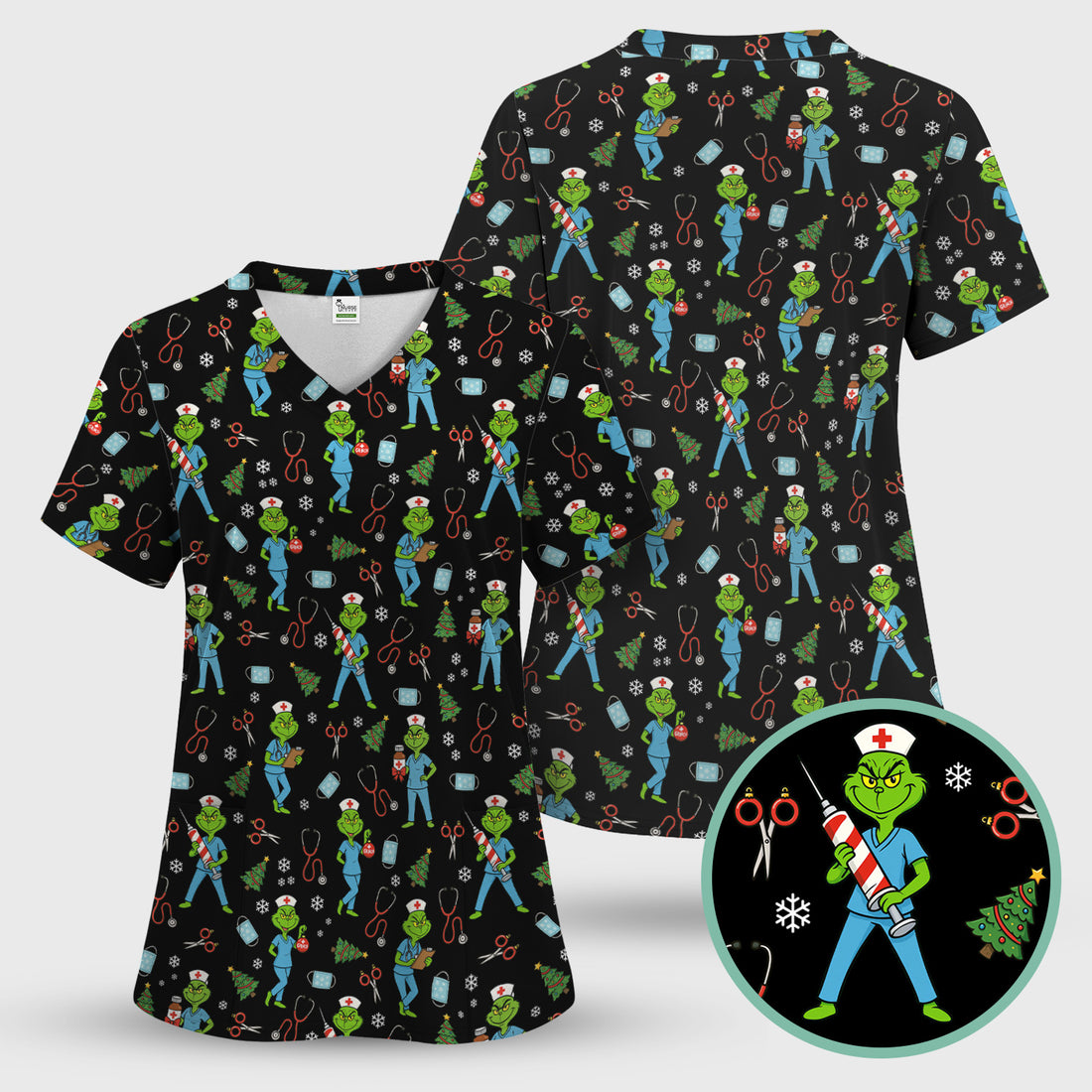 Grinch Christmas Scrub Top for Nurses - Funny Medical Workwear Top - RN LPN CNA Gift