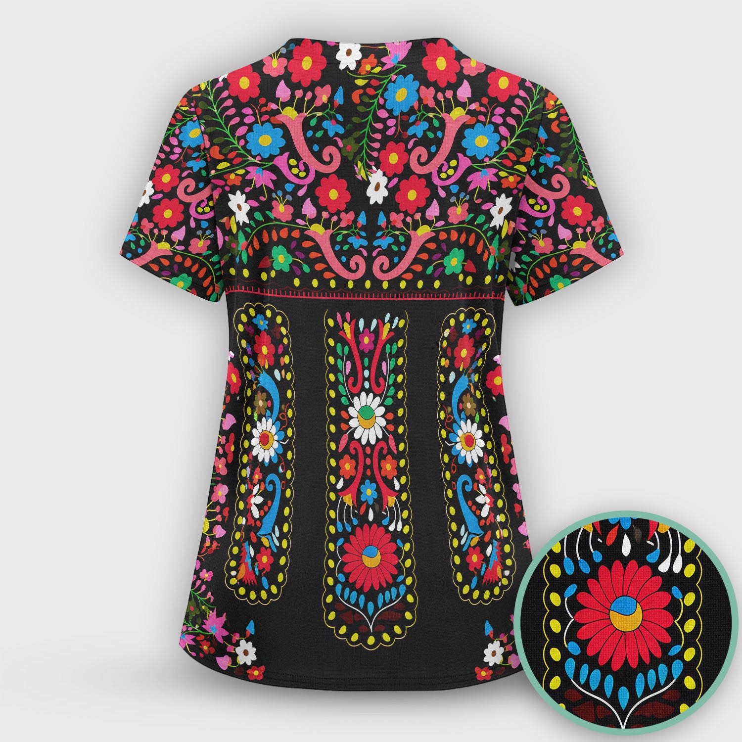 Colorful Folk Art Floral Pattern Scrub Set, Scrub Pants and V Neck Top