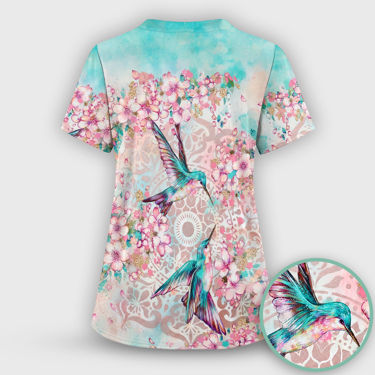 Charming Hummingbird Cherry Blossom Pattern Scrub Top, Comfortable Scrubs for Nurses