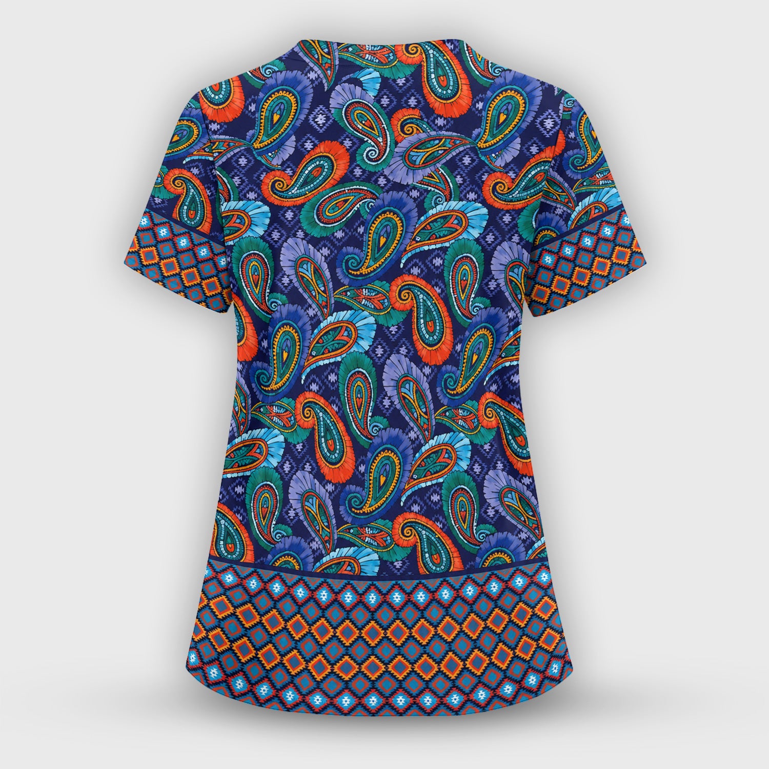 Colorful Paisley Geometric Border Pattern Scrub Set, Scrub Pants and V Neck Top