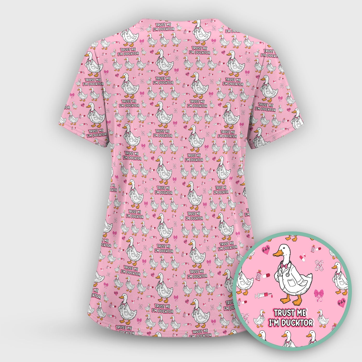 Trust Me I'm Ducktor Scrub Top, Funny Duck Pattern Scrub Shirt, Breathable Fabrics Nursing Uniform For Women