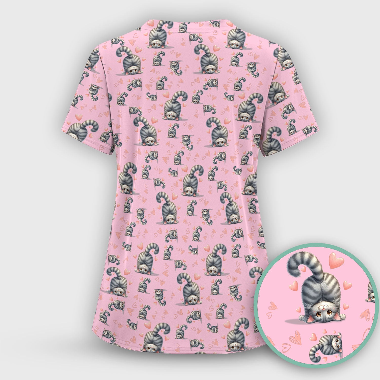 Valentine Cute Cat Scrub Set, Cat Heart Pattern Nurse Uniform, Comfortable Scrubs For Nurses