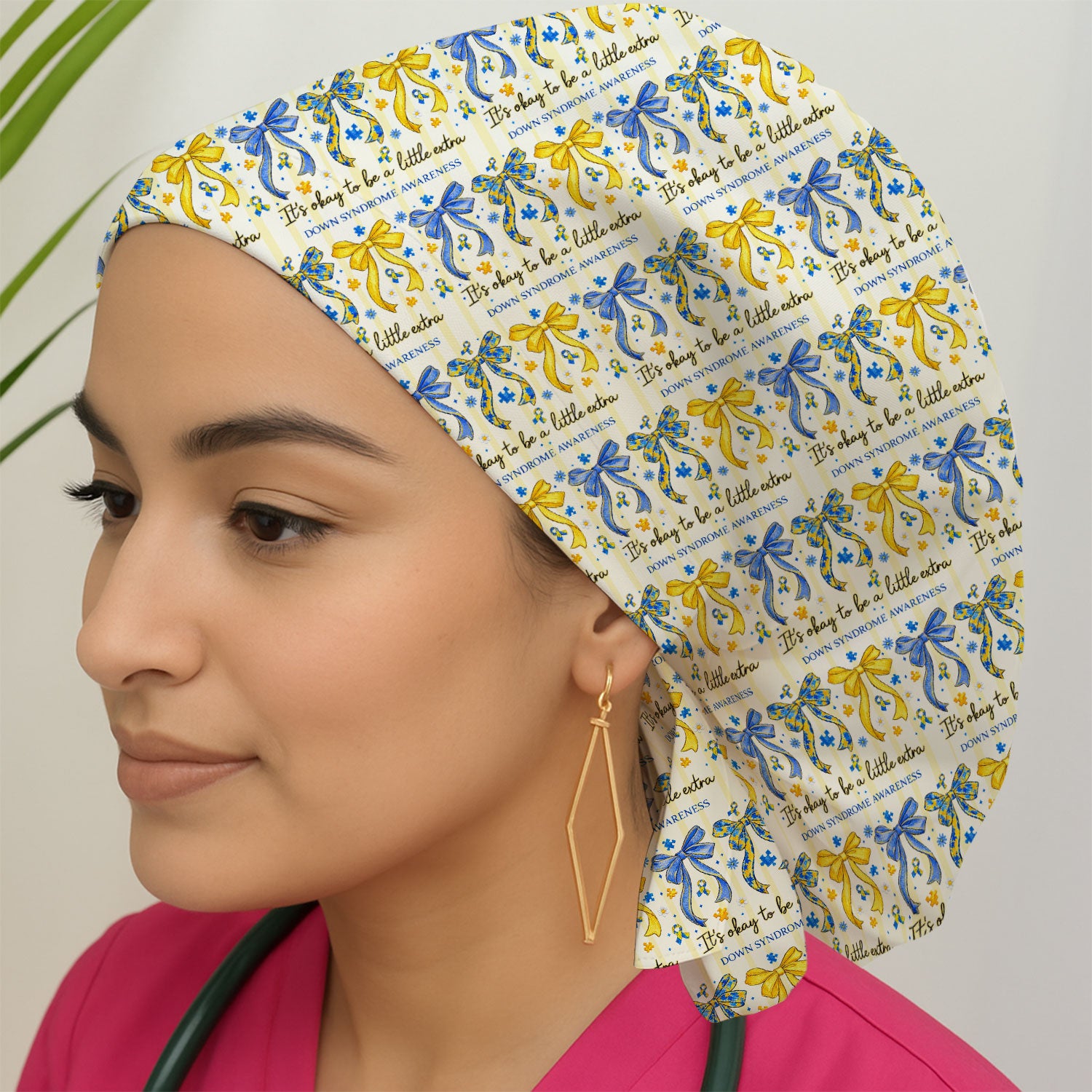 Down Syndrome Awareness Ribbon Pattern Cap, Bouffant Scrub Caps for Women