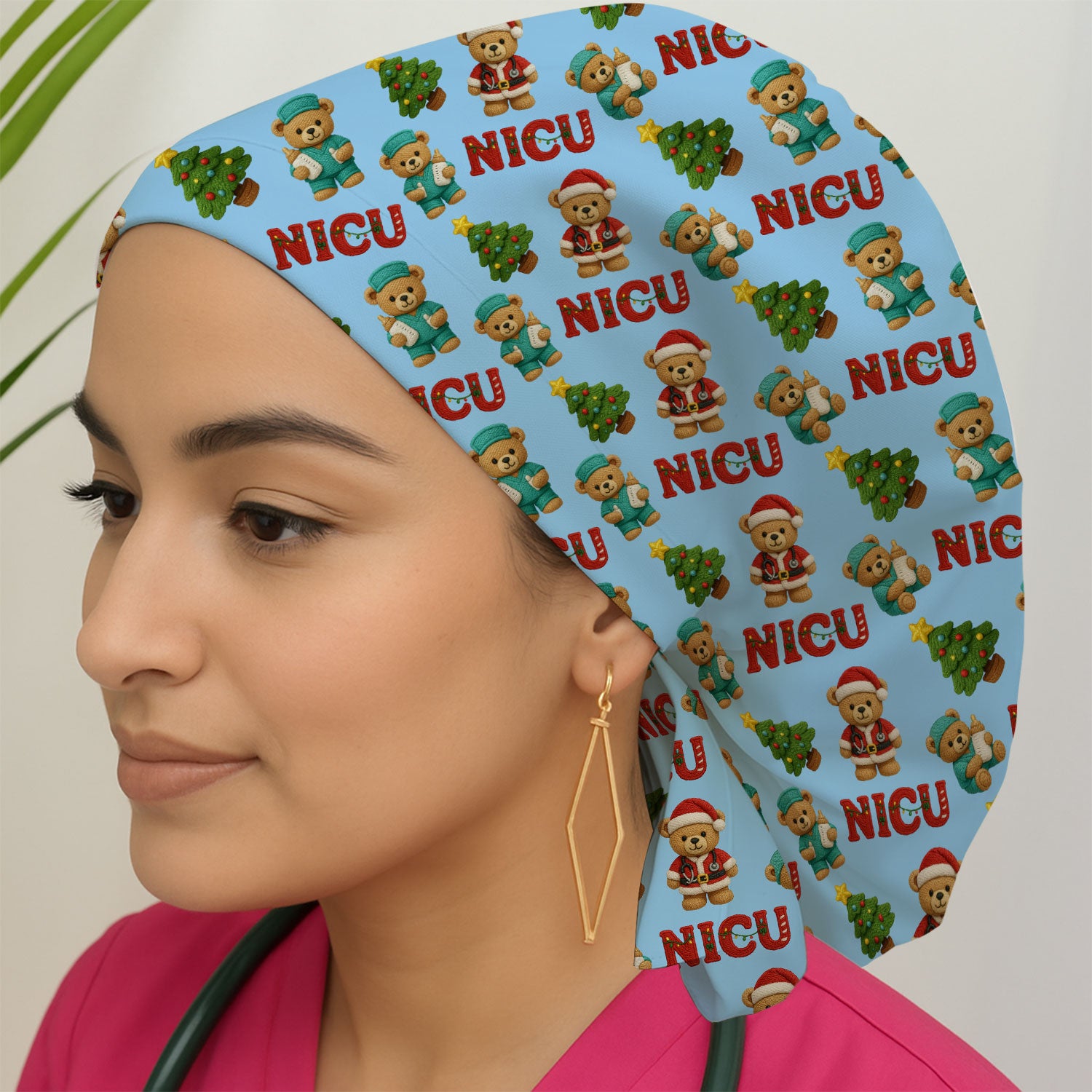 Festive Christmas NICU Nurse Teddy Bear Pattern Print Cap, Bouffant Scrub Caps for Women