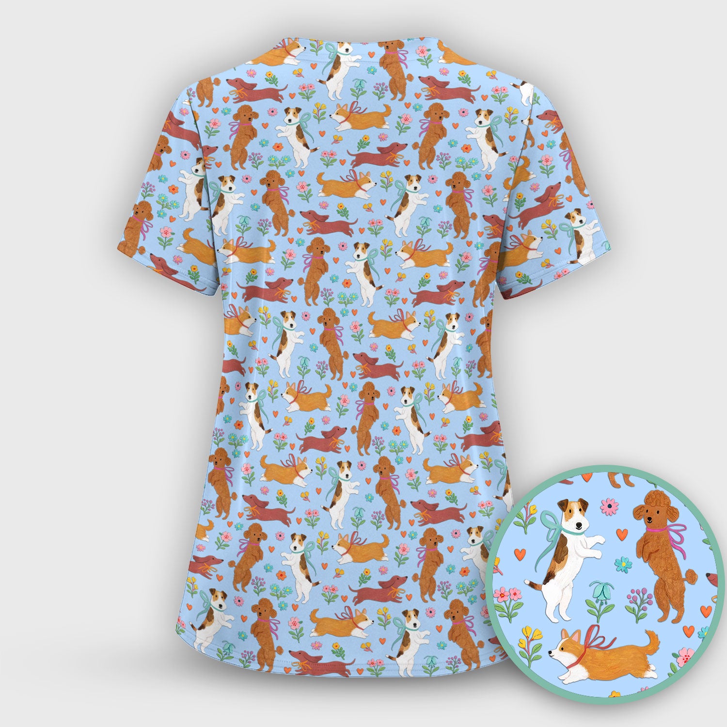 Cute Cartoon Dog Print Nurse Scrub Top, Comfortable Scrubs for Nurses