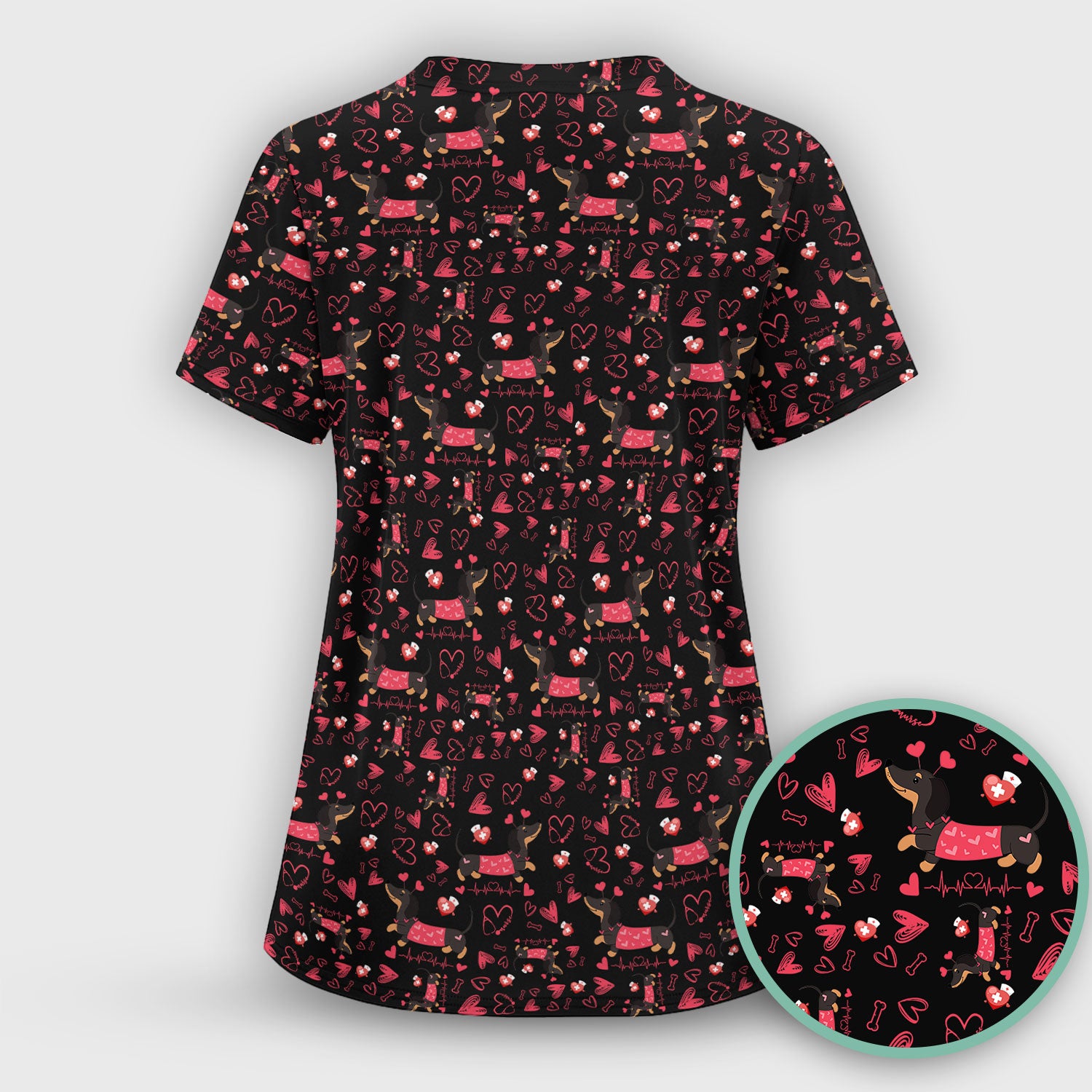 Dachshund Valentine Scrub Top, Cute Wiener Dog Heart Pattern Nurse Shirt, Breathable Fabrics Nursing Uniform