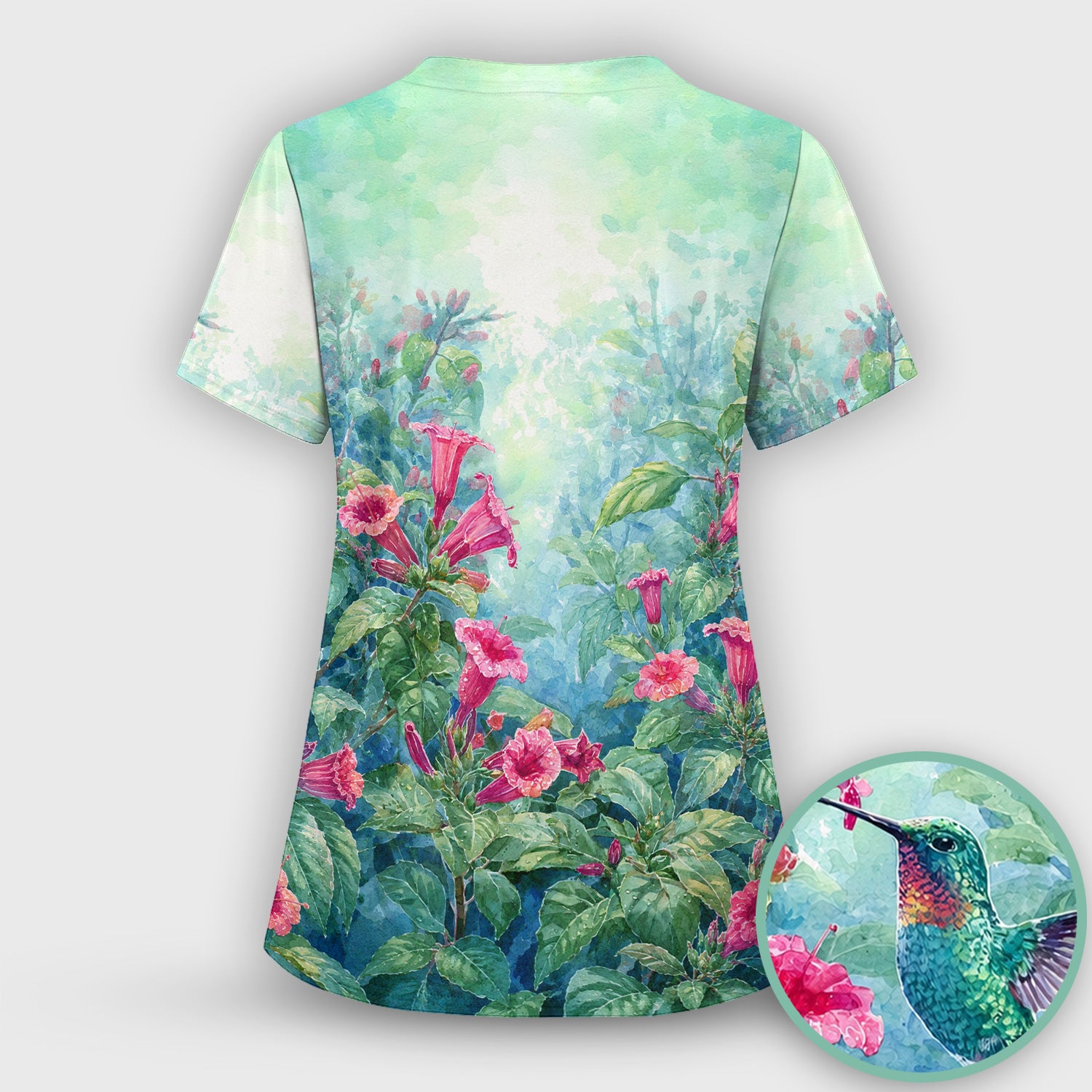 Vintage Hummingbird Floral Garden Pattern Scrub Set, Scrub Pants and V Neck Top