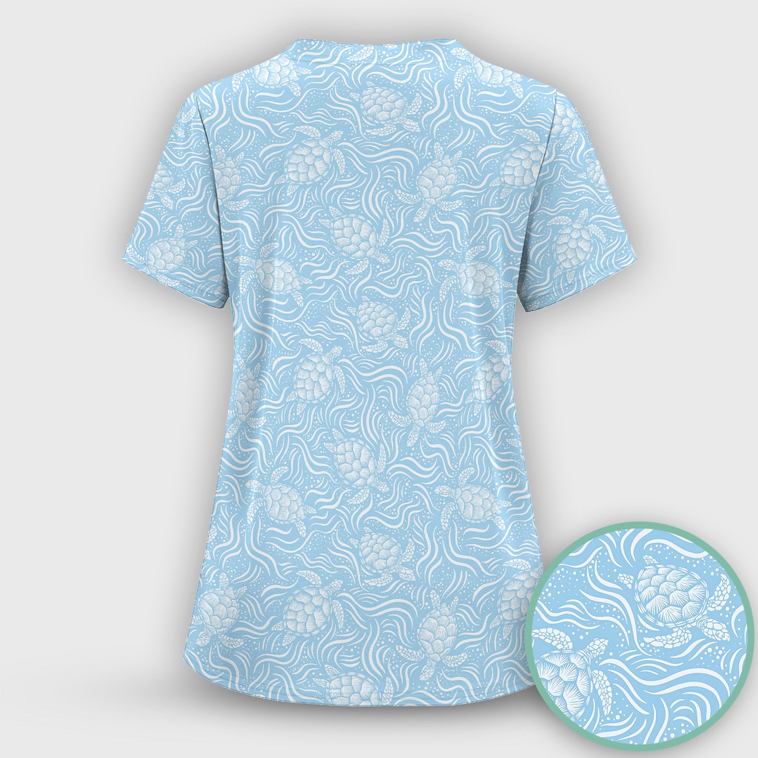 Cute Ocean Sea Turtle Waves Pattern Scrub Top, Comfortable Scrubs for Nurses